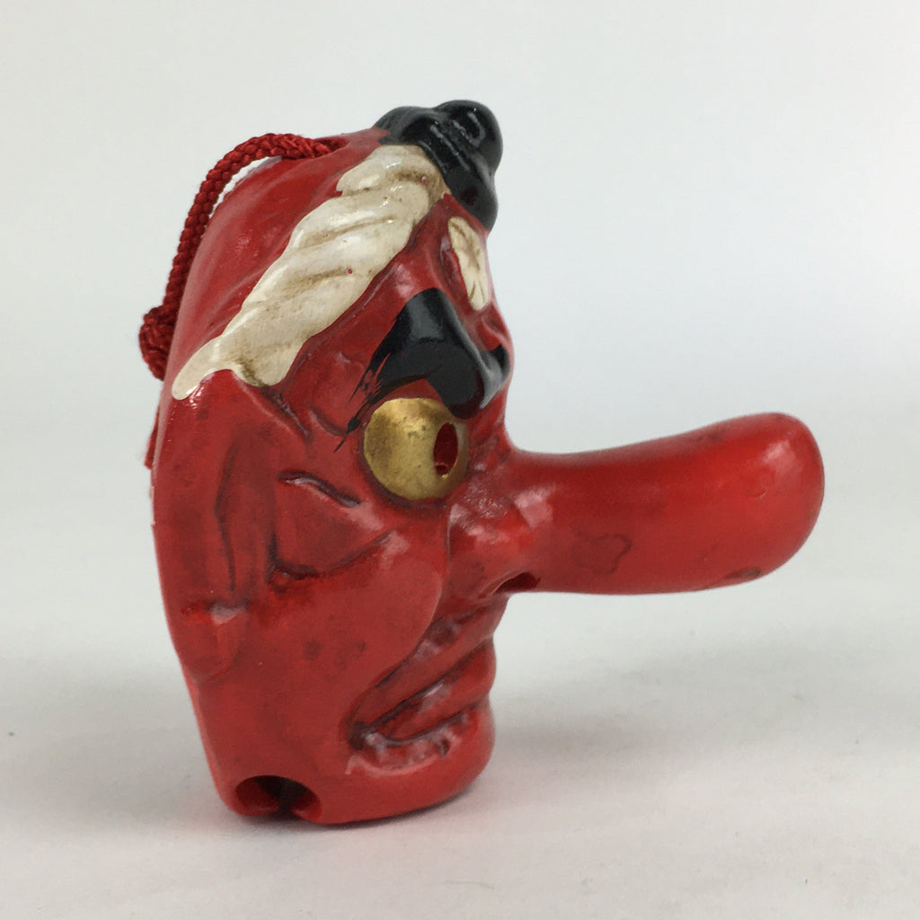 Japanese Clay Bell Dorei Vtg Ceramic Doll Amulet Tengu Long‐nosed Goblin DR378