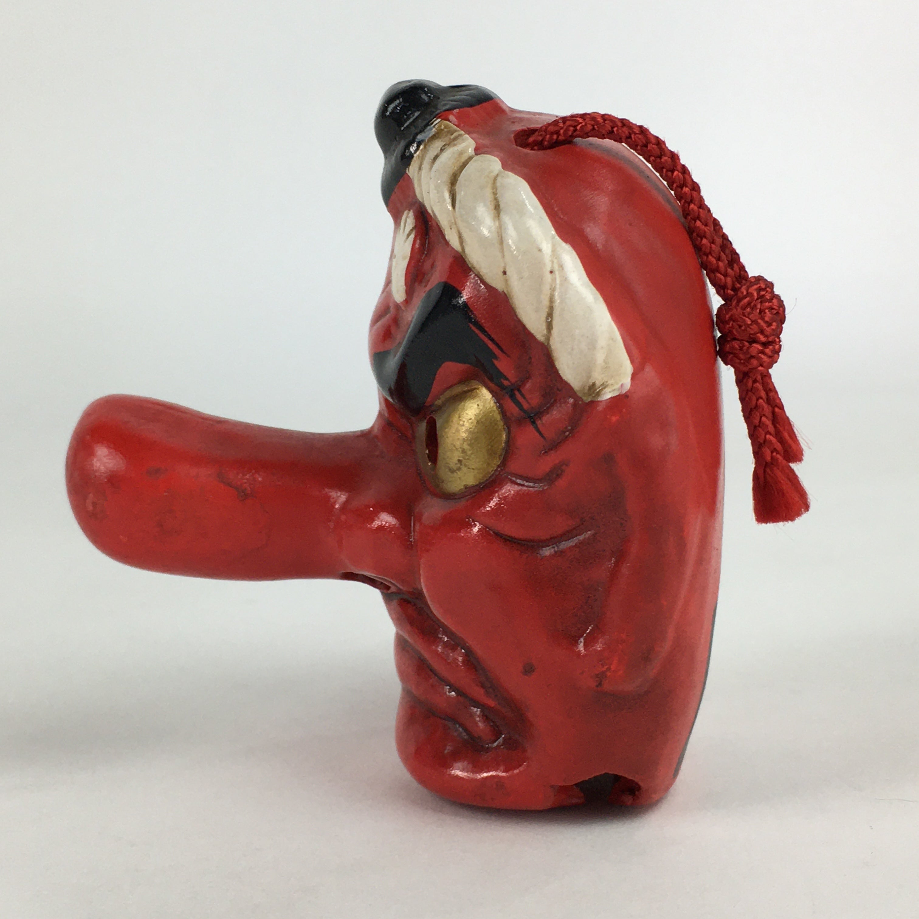Japanese Clay Bell Dorei Vtg Ceramic Doll Amulet Tengu Long‐nosed Goblin DR378