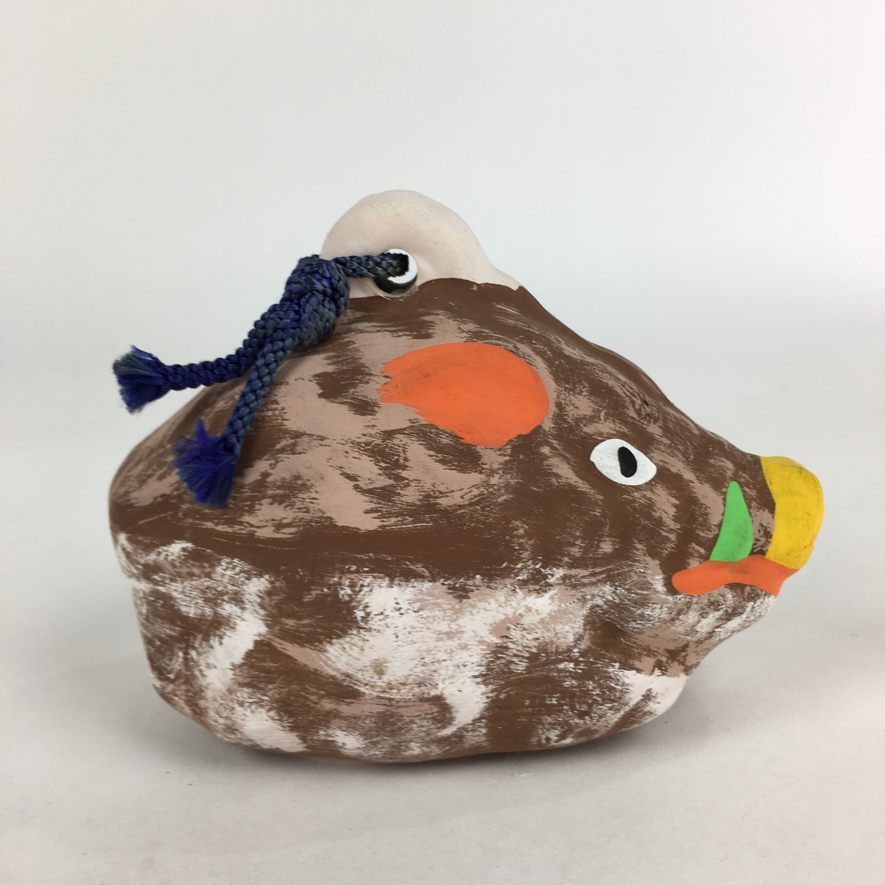 Japanese Clay Bell Dorei Vtg Ceramic Doll Amulet Zodiac Boar Brown DR374