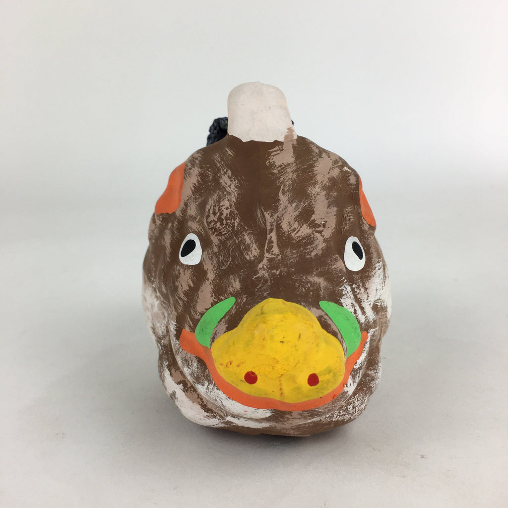 Japanese Clay Bell Dorei Vtg Ceramic Doll Amulet Zodiac Boar Brown DR374