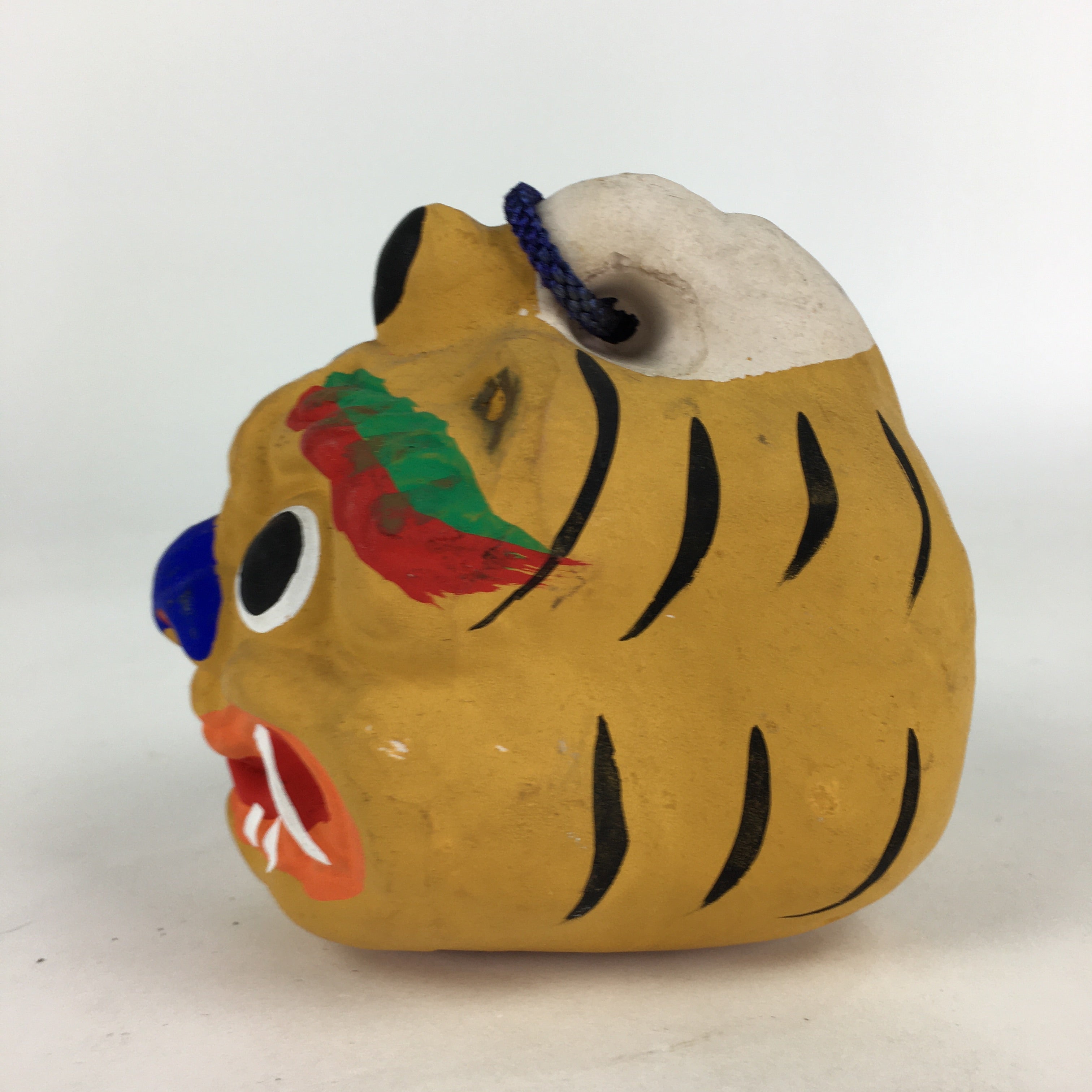 Japanese Clay Bell Dorei Vtg Ceramic Doll Amulet Zodiac Tiger Yellow DR372