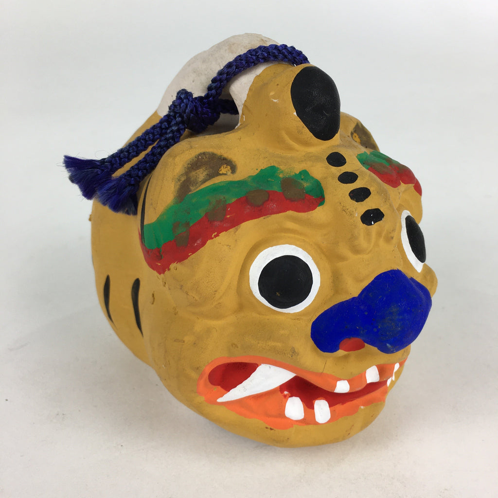 Japanese Clay Bell Dorei Vtg Ceramic Doll Amulet Zodiac Tiger Yellow DR372