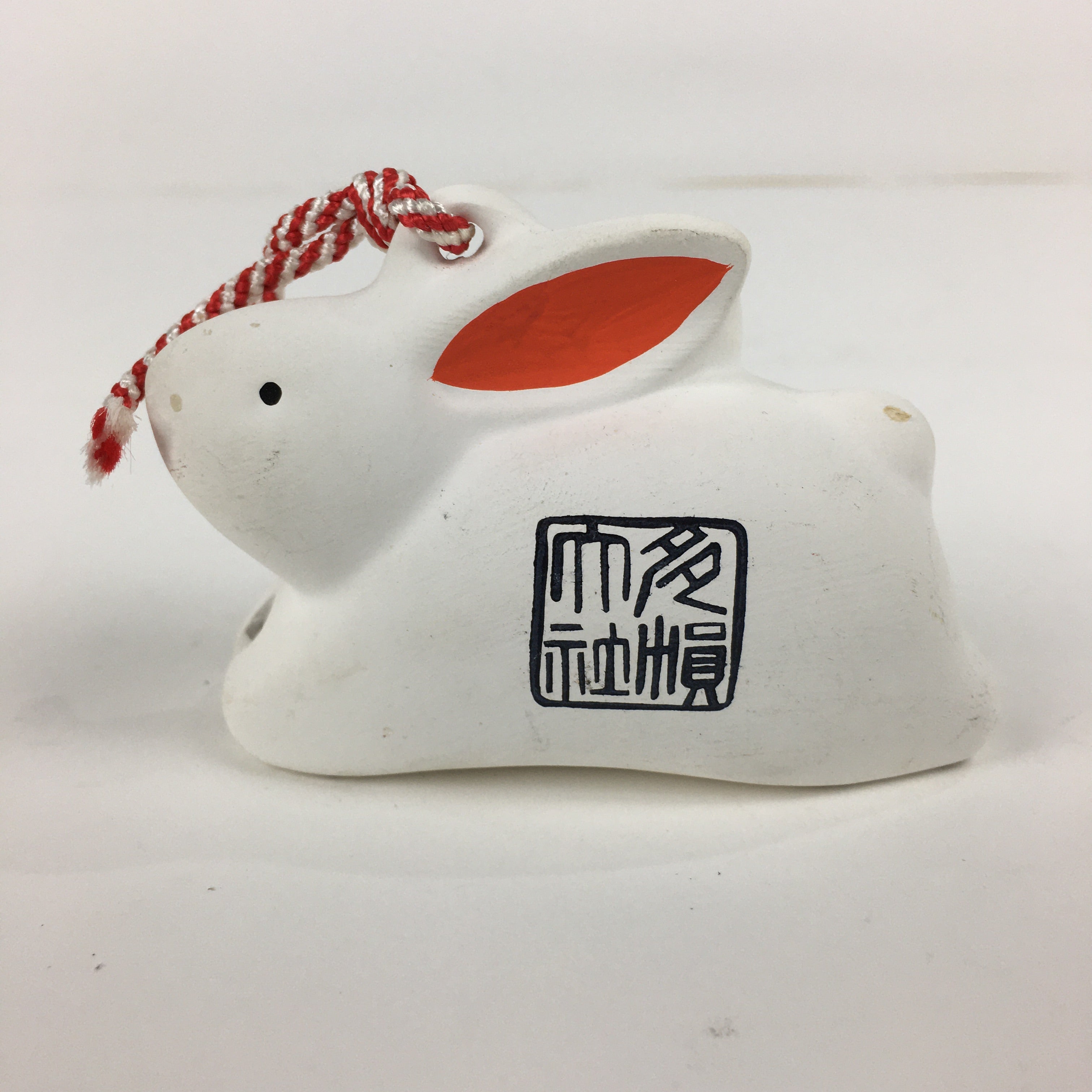 Japanese Clay Bell Dorei Vtg Ceramic Doll Amulet Zodiac White Rabbit DR341