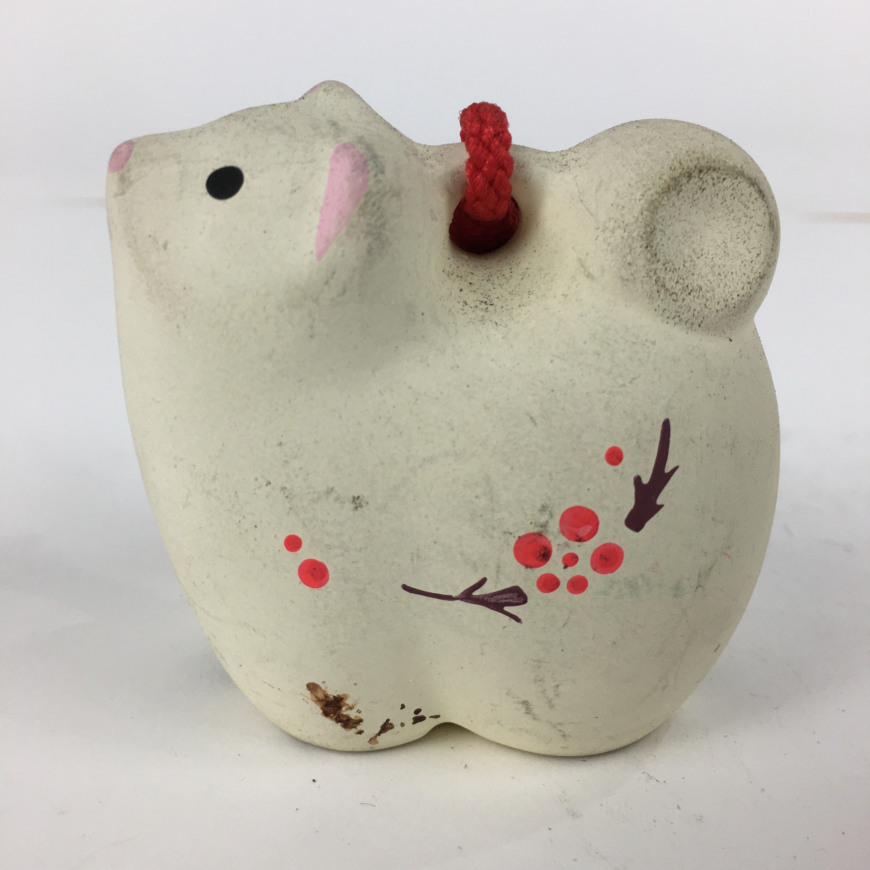 Japanese Clay Bell Dorei Vtg Ceramic Doll Amulet Zodiac White Rat DR365