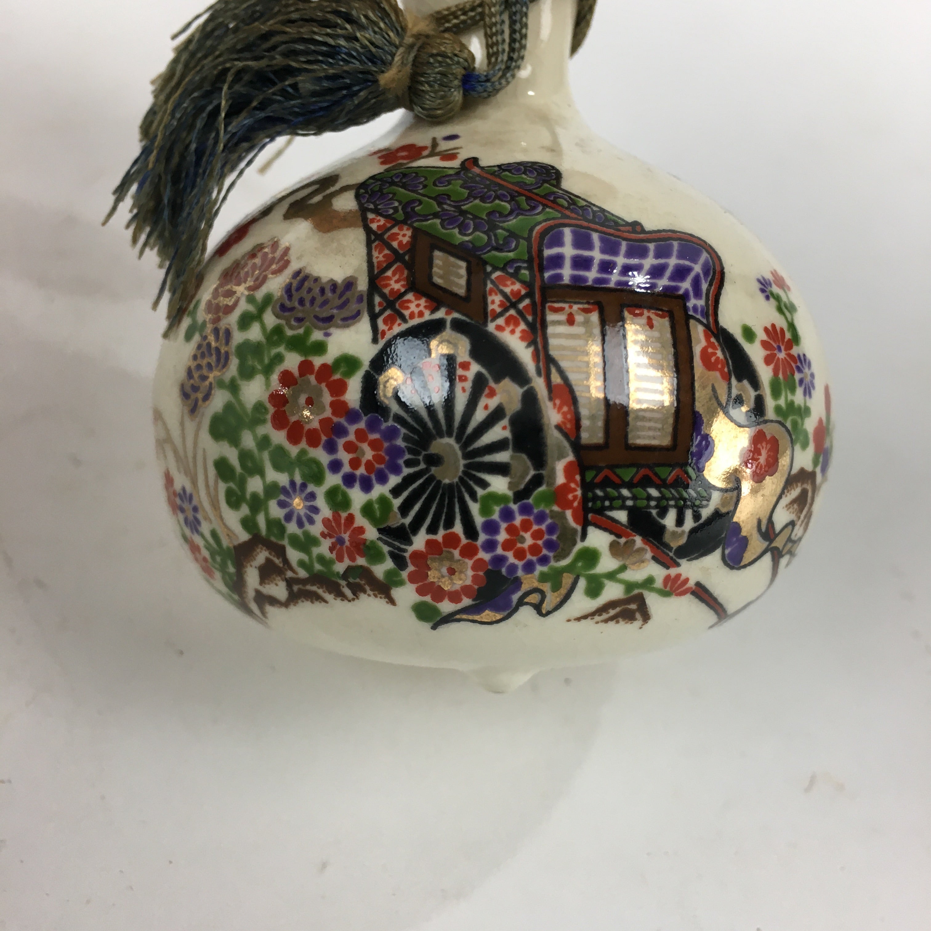 Japanese Clay Bell Dorei Vtg Ceramic Doll Rickshaw Flower Gourd Hyotan DR368