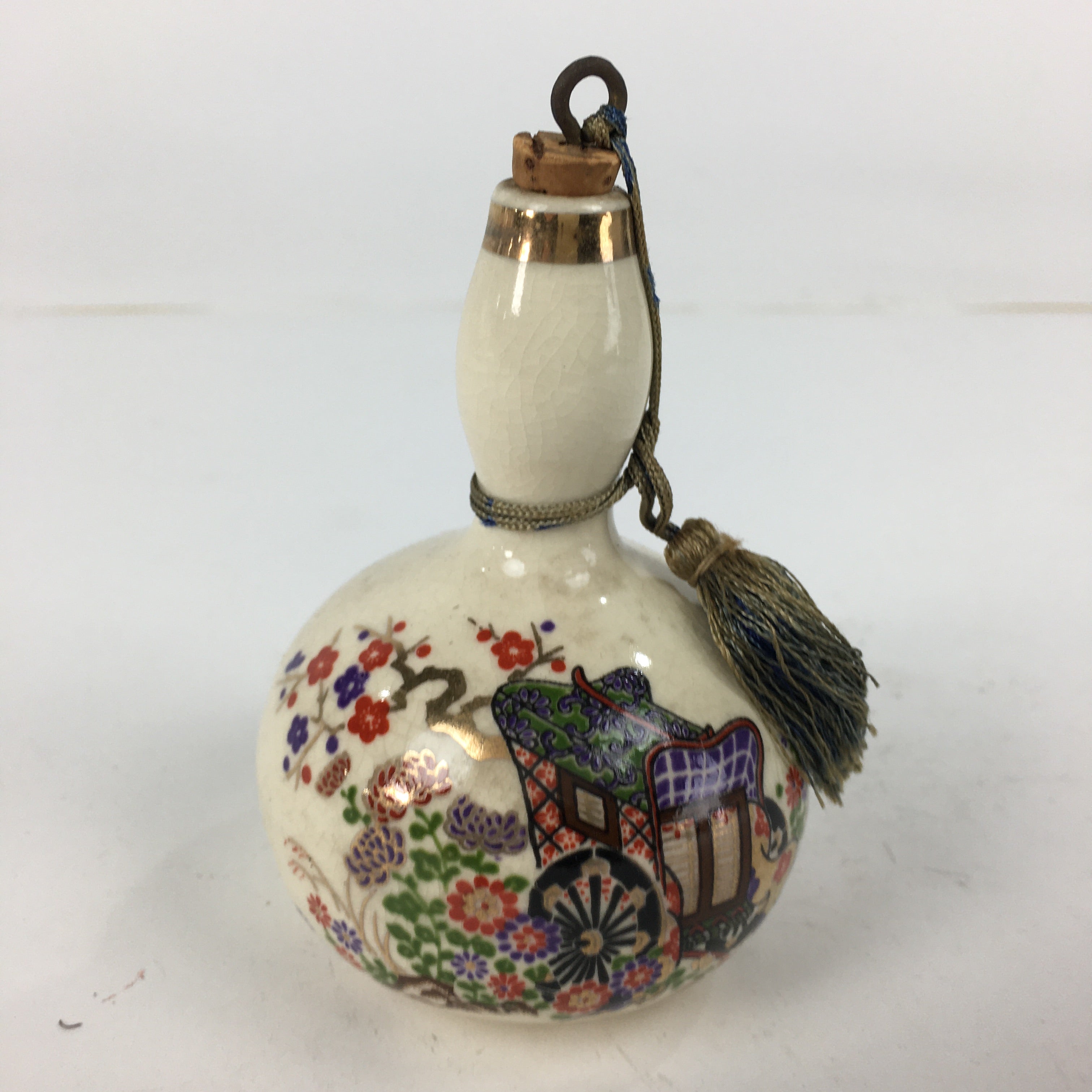 Japanese Clay Bell Dorei Vtg Ceramic Doll Rickshaw Flower Gourd Hyotan DR368