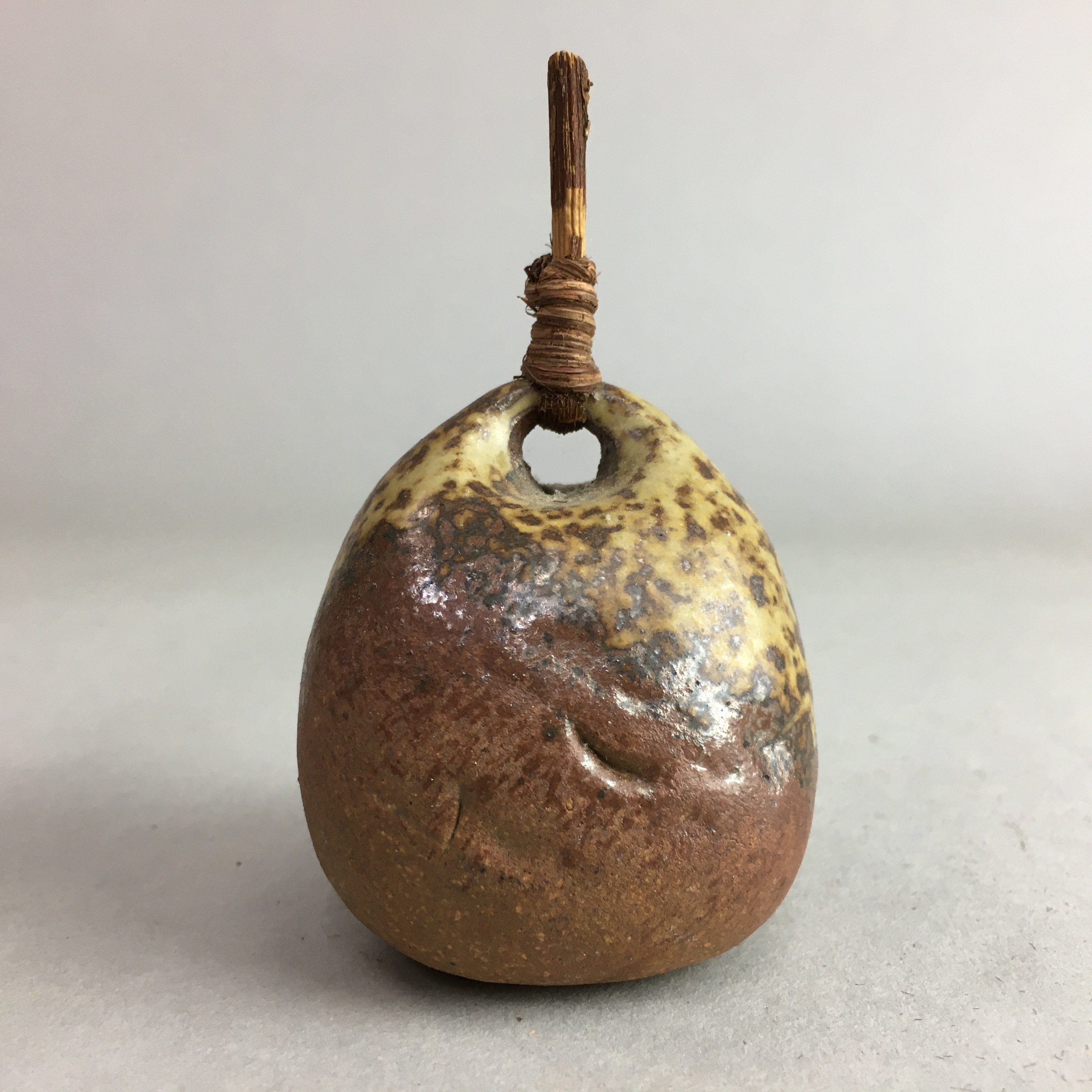 Japanese Clay Bell Vtg Ceramic Dorei Doll Figurine Brown Natural Ash Glaze DR291