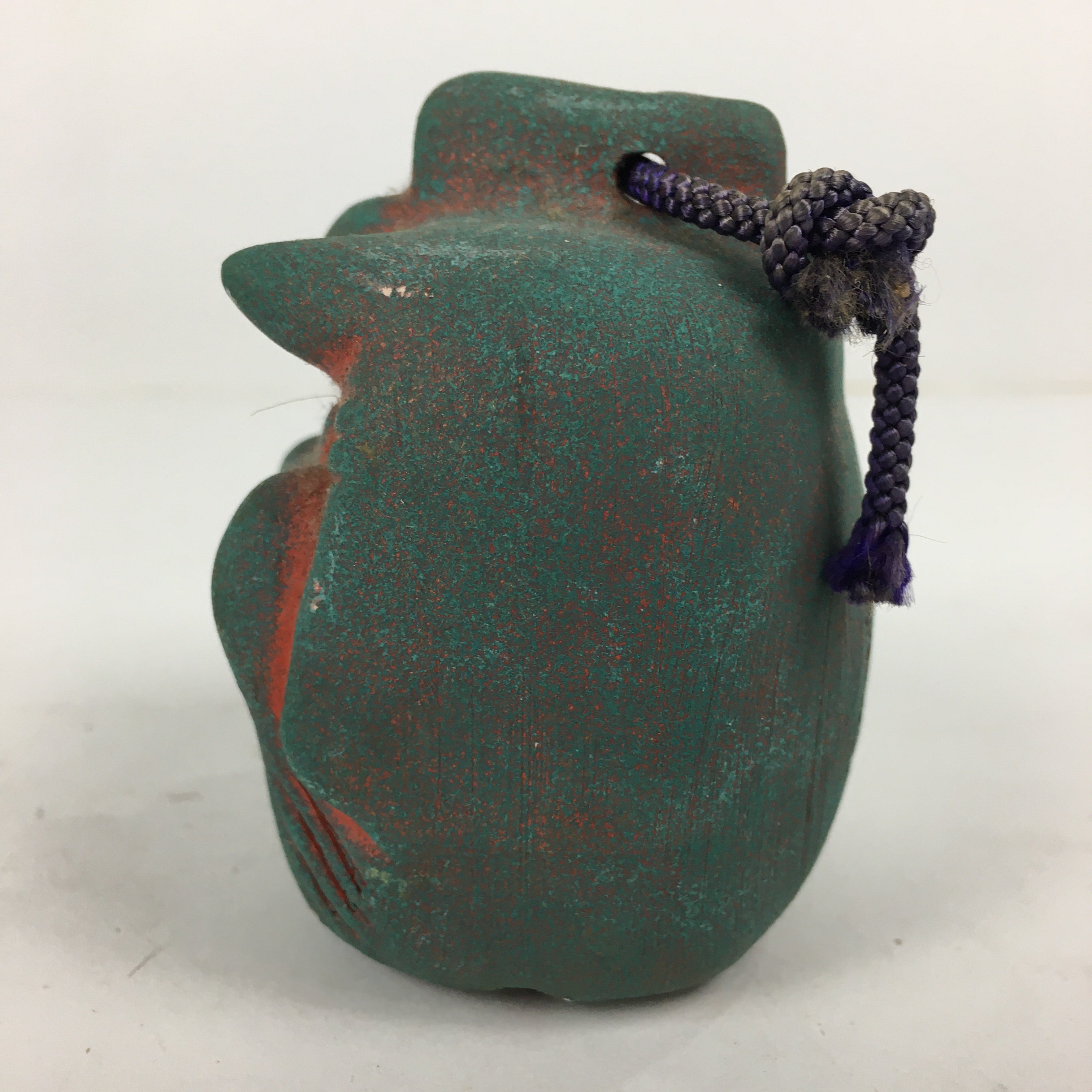 Japanese Clay Bell Vtg Dorei Ceramic Doll Amulet Demon Temple Red Green DR347