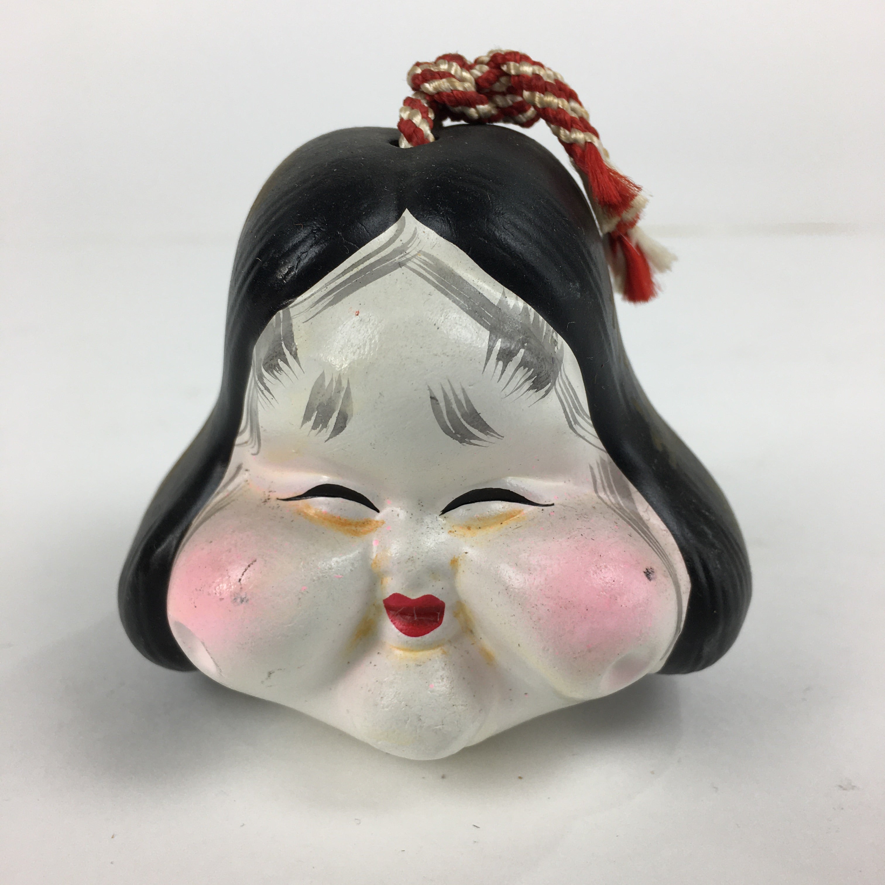 Japanese Clay Bell Vtg Dorei Ceramic Doll Amulet Double faced Front Back DR343