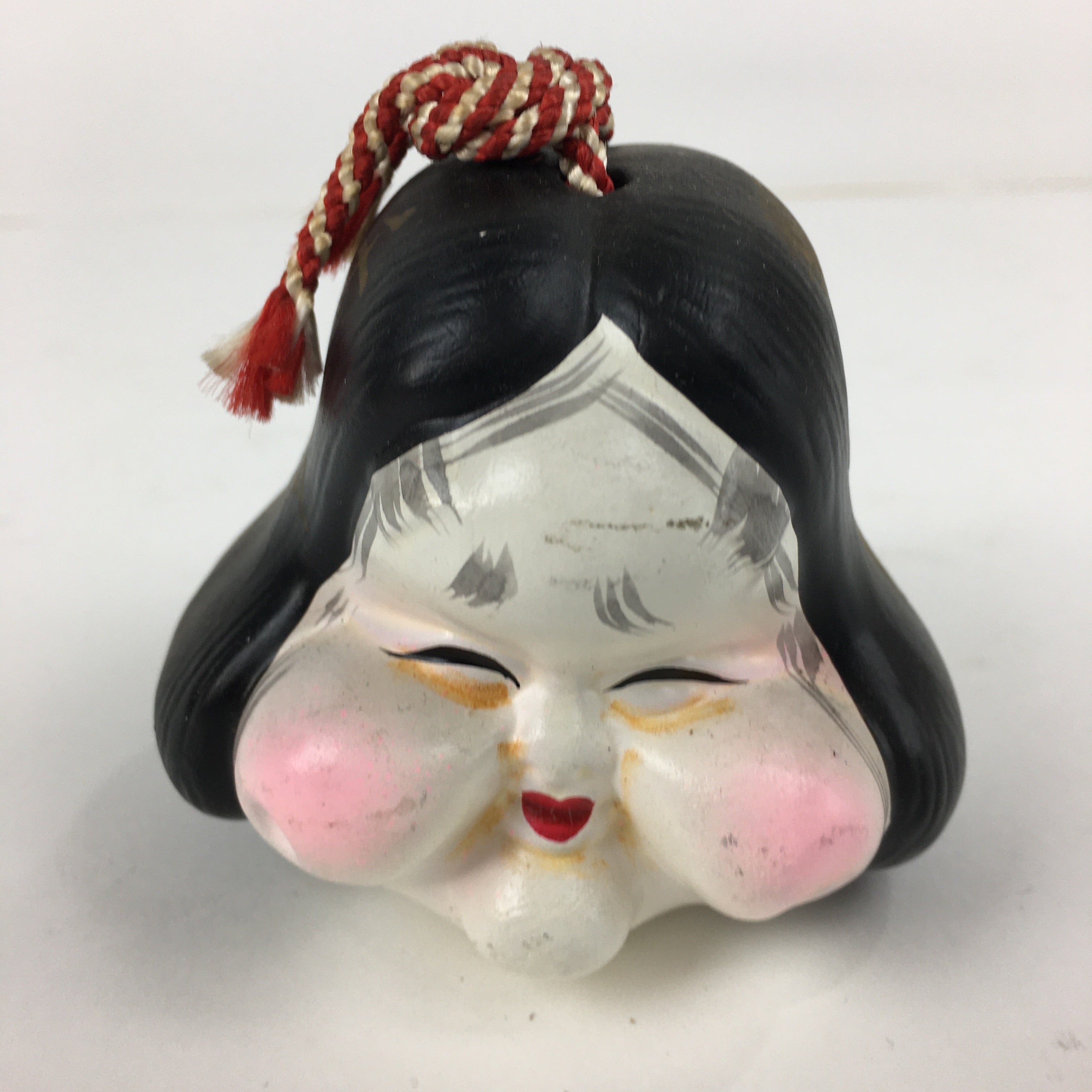 Japanese Clay Bell Vtg Dorei Ceramic Doll Amulet Double faced Front Back DR343
