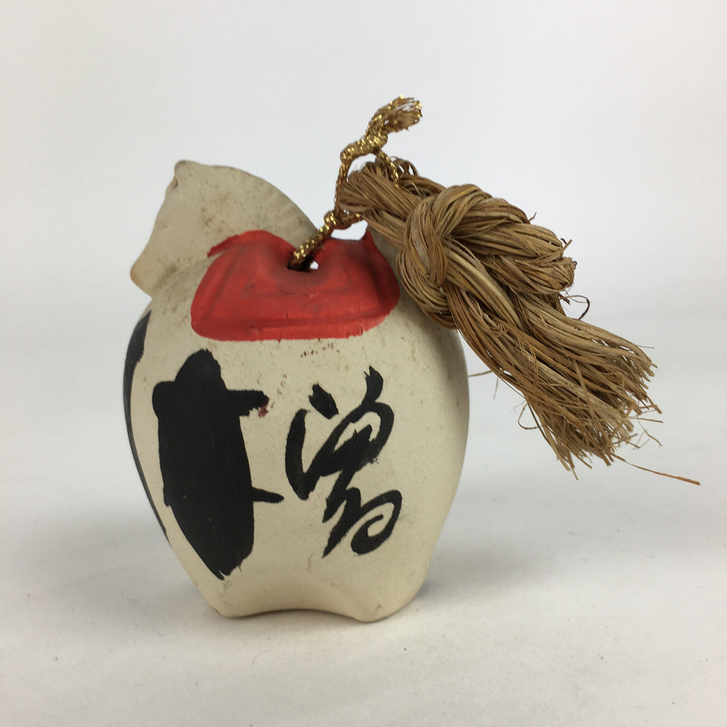 Japanese Clay Bell Vtg Dorei Ceramic Doll Amulet Horse Poetry White DR394