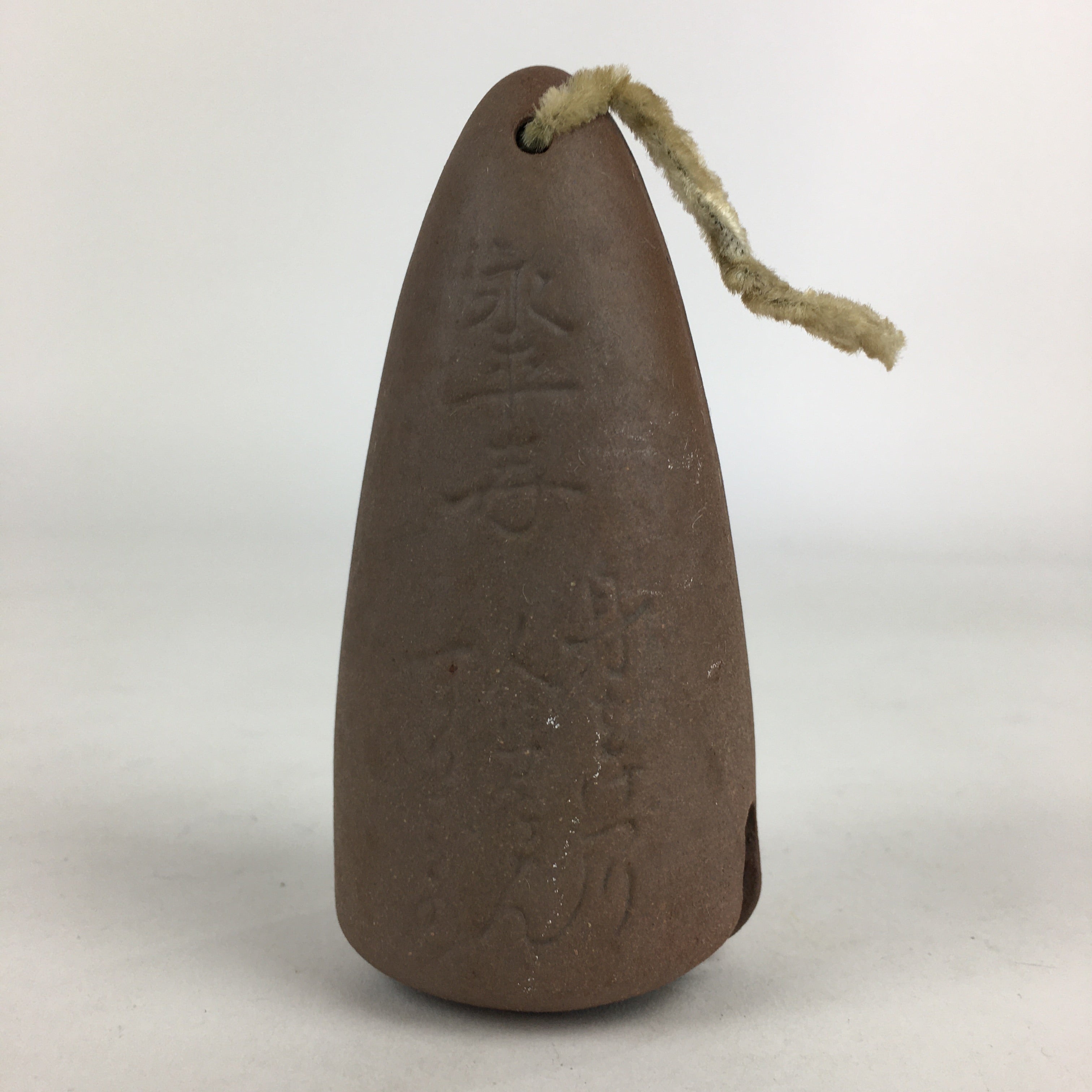Japanese Clay Bell Vtg Dorei Ceramic Doll Amulet Kanji Brown Cone DR381