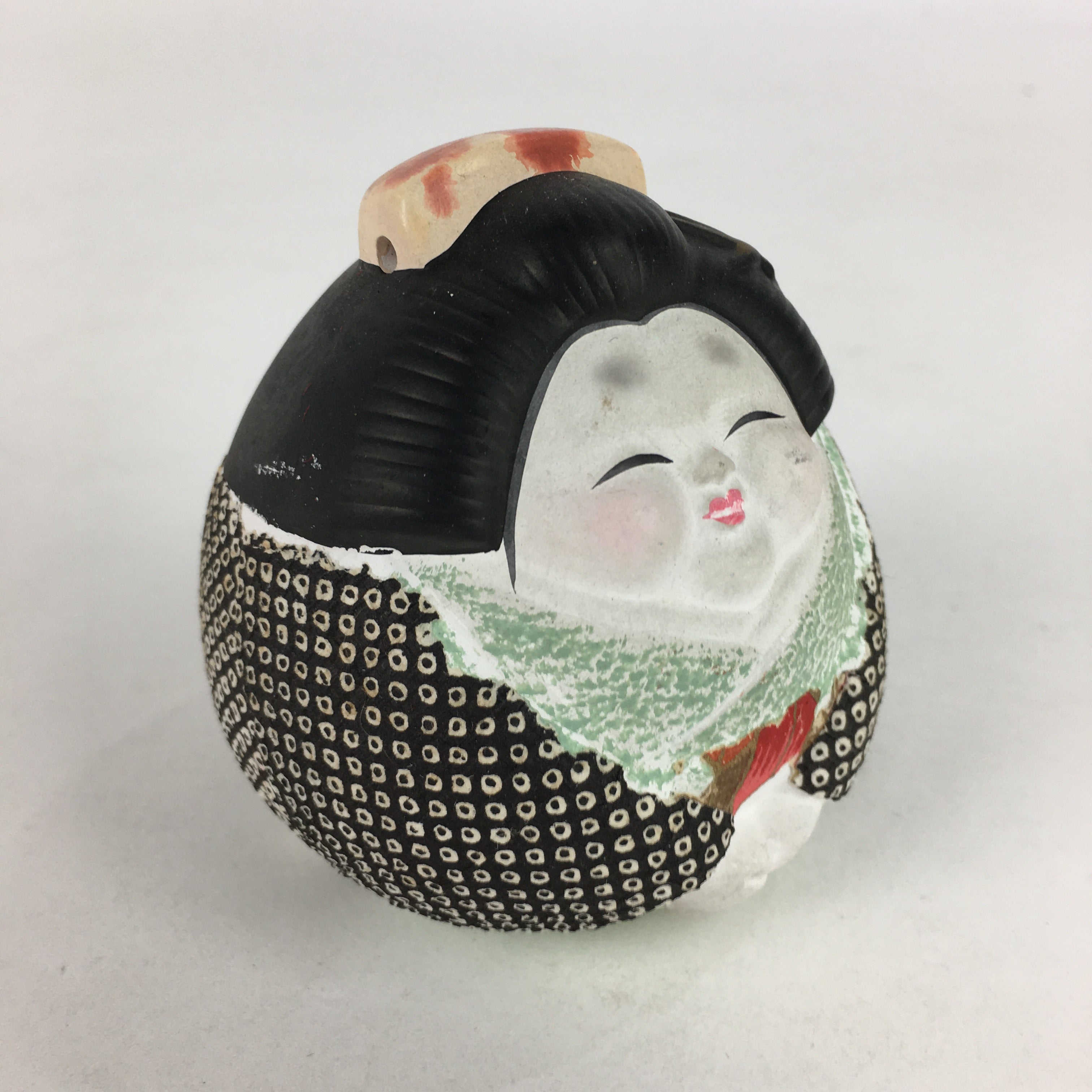 Japanese Clay Bell Vtg Dorei Ceramic Doll Amulet Kimono Lady DR401