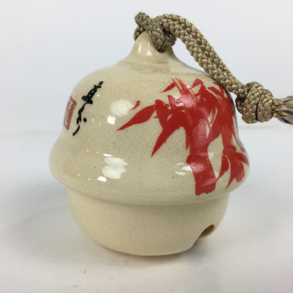 Japanese Clay Bell Vtg Dorei Ceramic Doll Amulet Red Bamboo White DR349