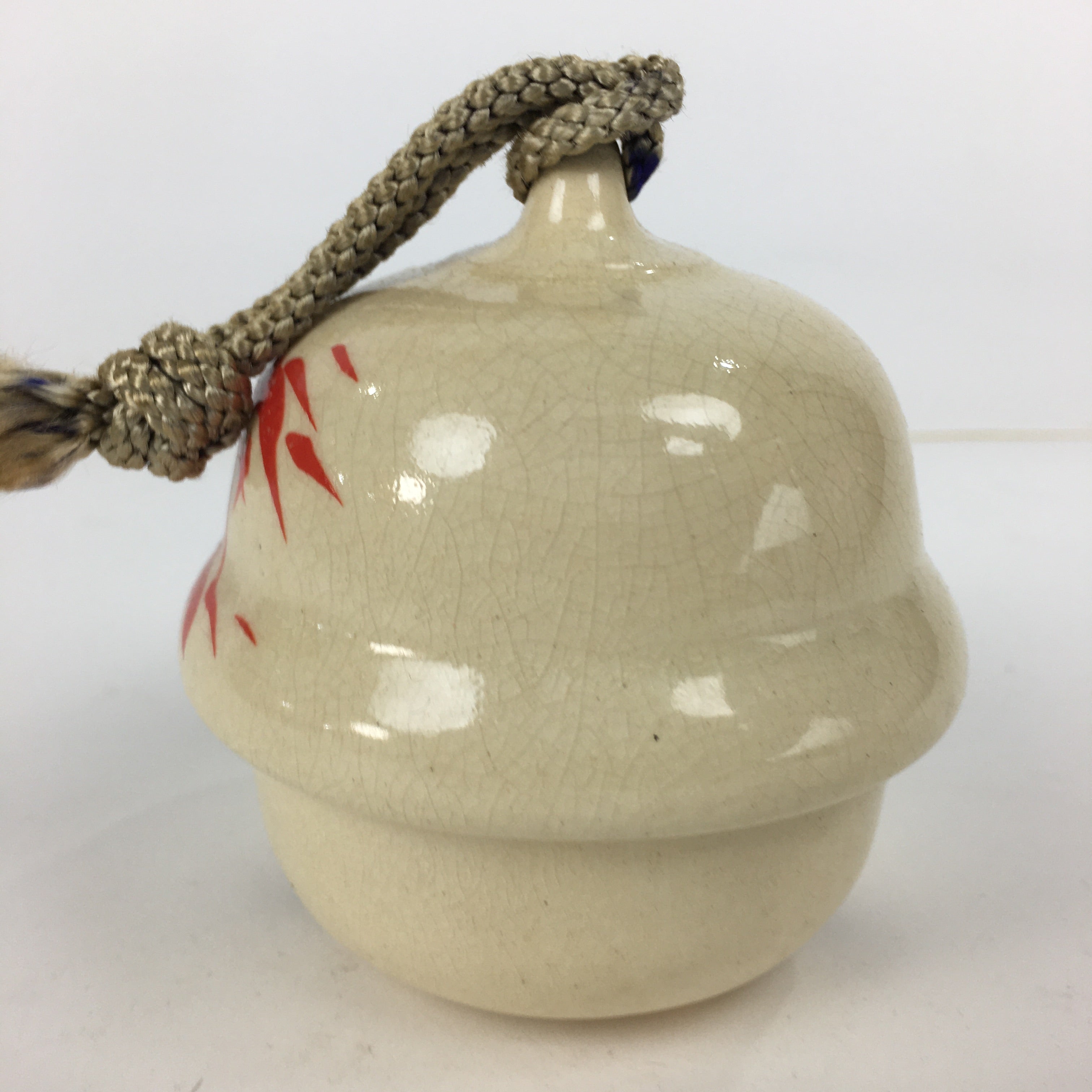 Japanese Clay Bell Vtg Dorei Ceramic Doll Amulet Red Bamboo White DR349