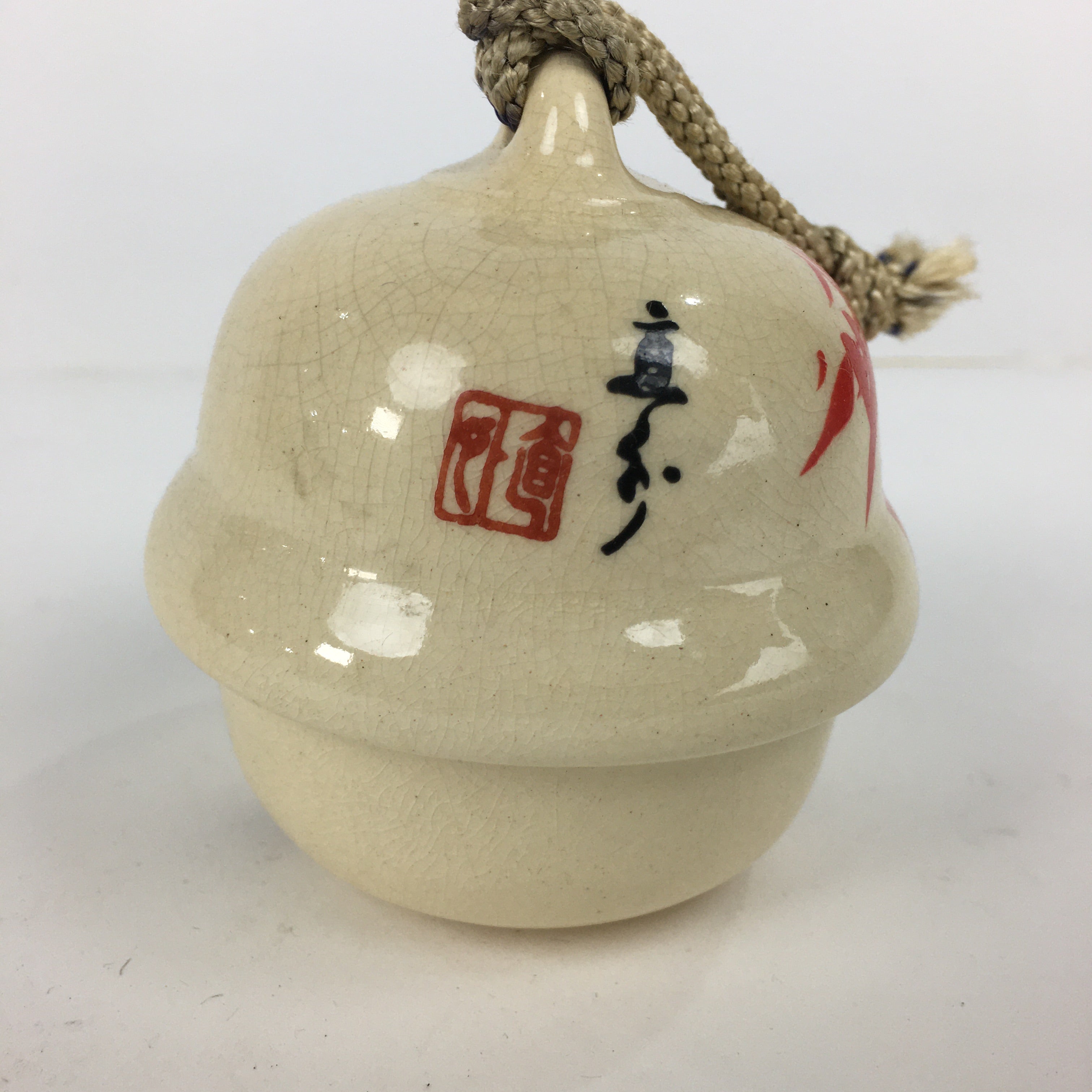 Japanese Clay Bell Vtg Dorei Ceramic Doll Amulet Red Bamboo White DR349