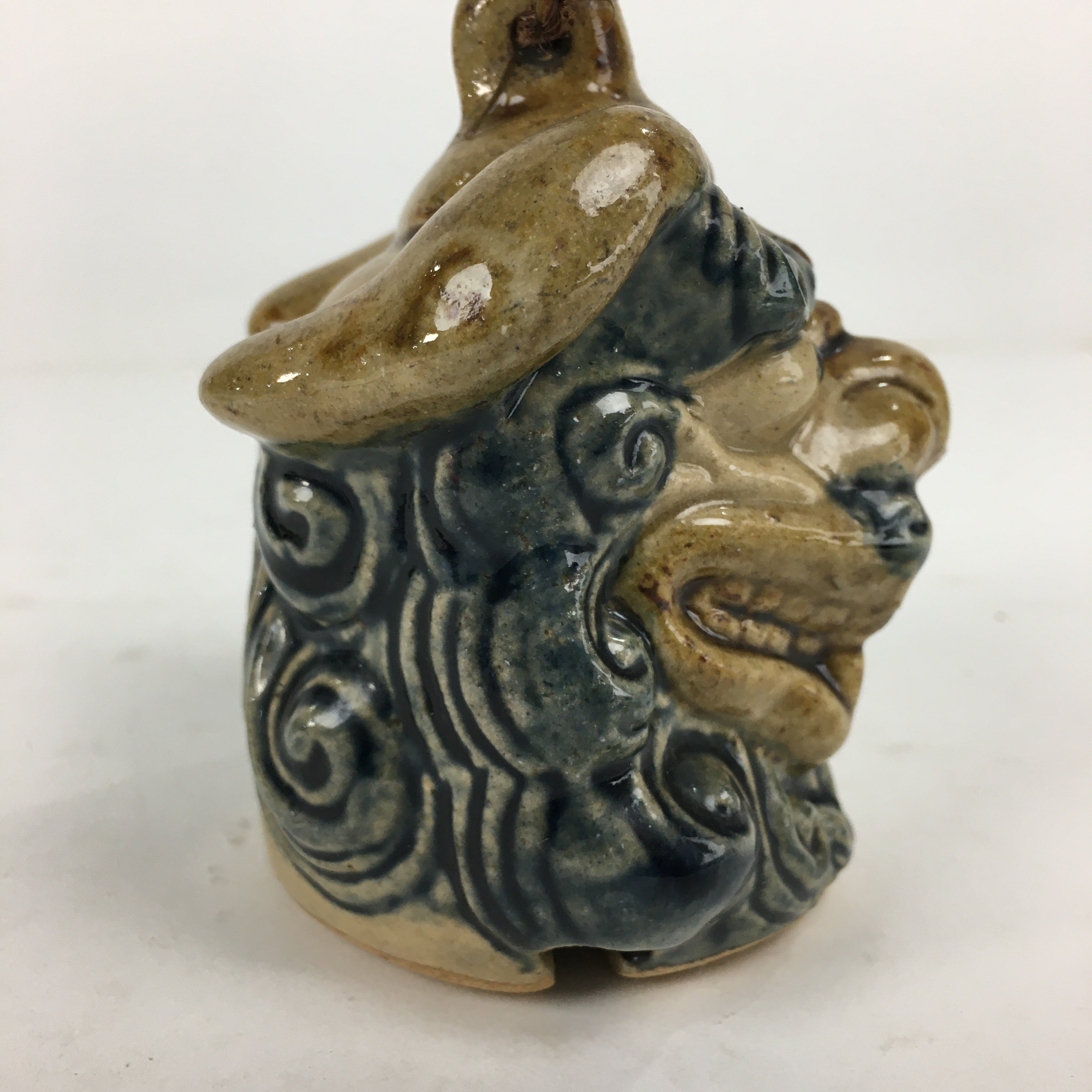 Japanese Clay Bell Vtg Dorei Ceramic Doll Amulet Shi-Sa Lion Blue Brown DR335