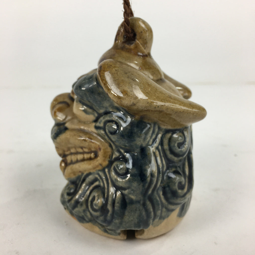 Japanese Clay Bell Vtg Dorei Ceramic Doll Amulet Shi-Sa Lion Blue Brown DR335