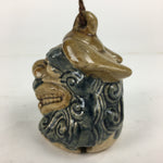 Japanese Clay Bell Vtg Dorei Ceramic Doll Amulet Shi-Sa Lion Blue Brown DR335