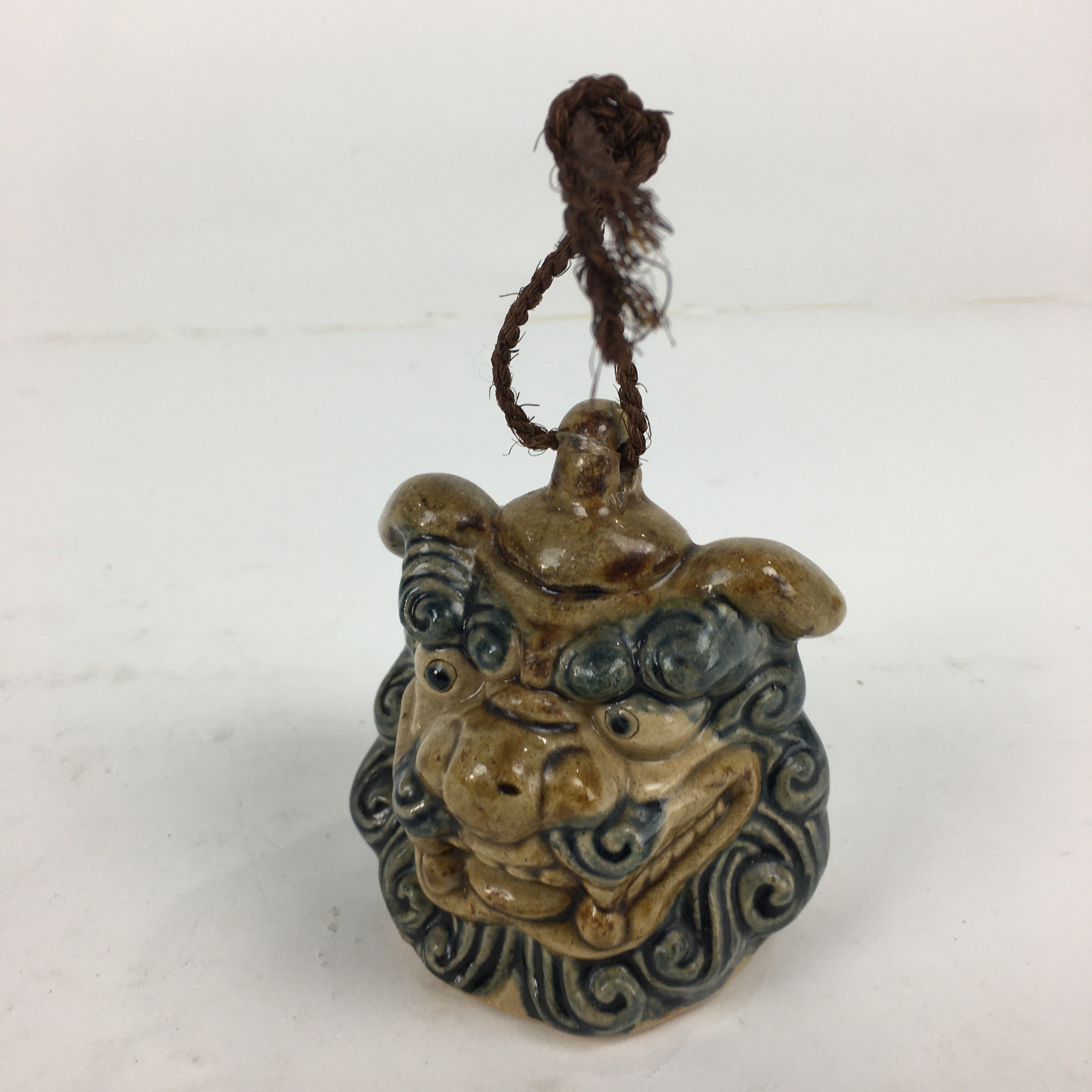Japanese Clay Bell Vtg Dorei Ceramic Doll Amulet Shi-Sa Lion Blue Brown DR335