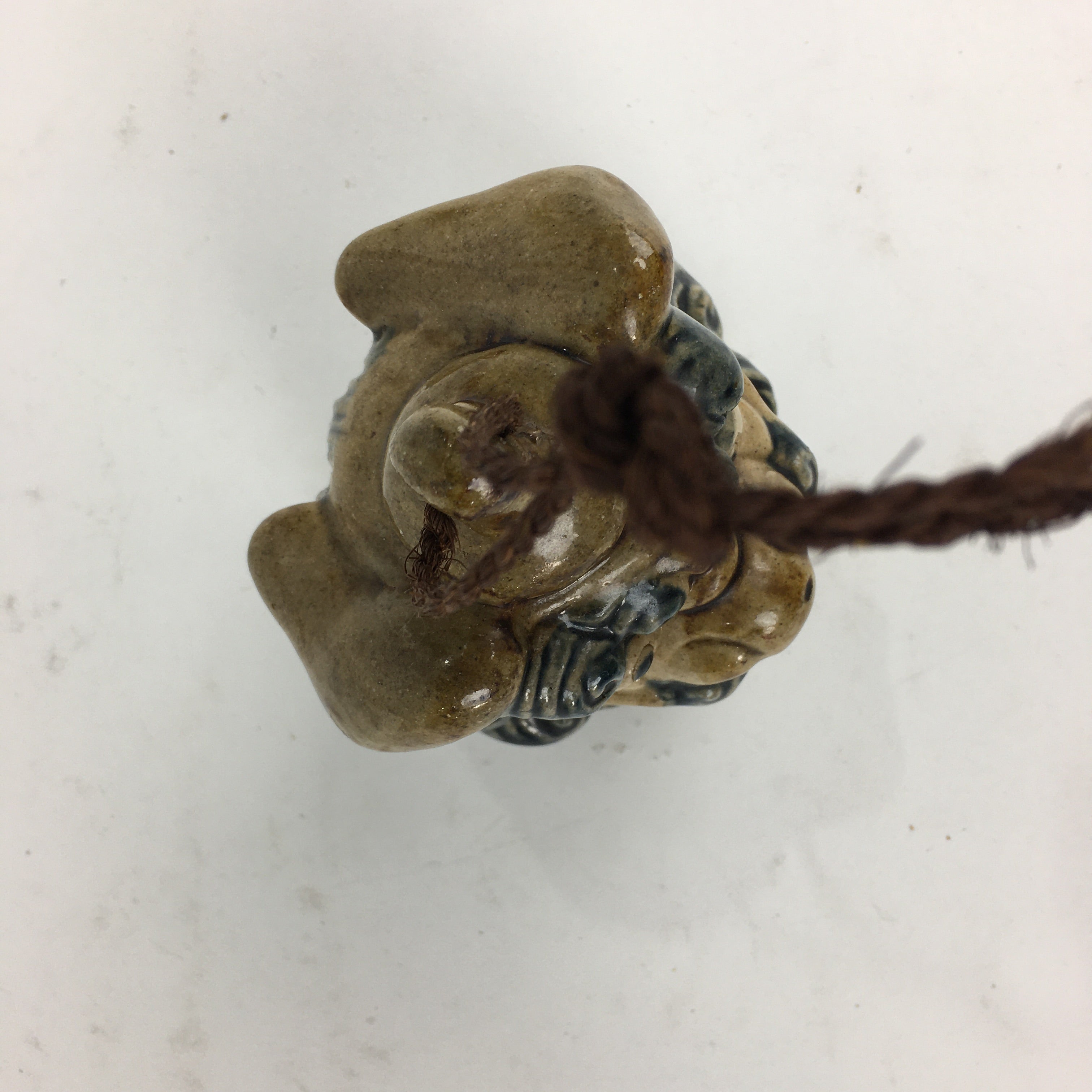 Japanese Clay Bell Vtg Dorei Ceramic Doll Amulet Shi-Sa Lion Blue Brown DR335