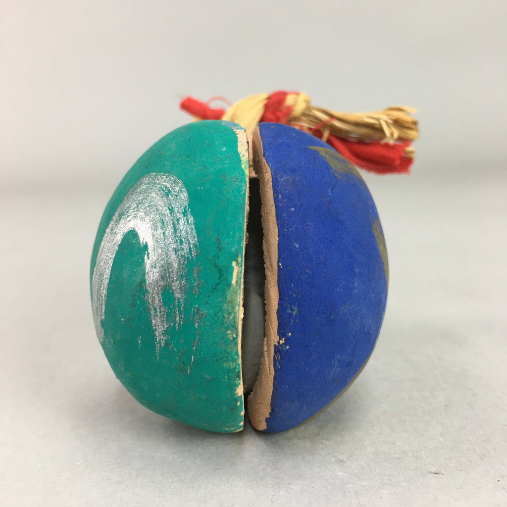 Japanese Clay Bell Vtg Dorei Ceramic Doll Dragon Kanji Green Blue DR282