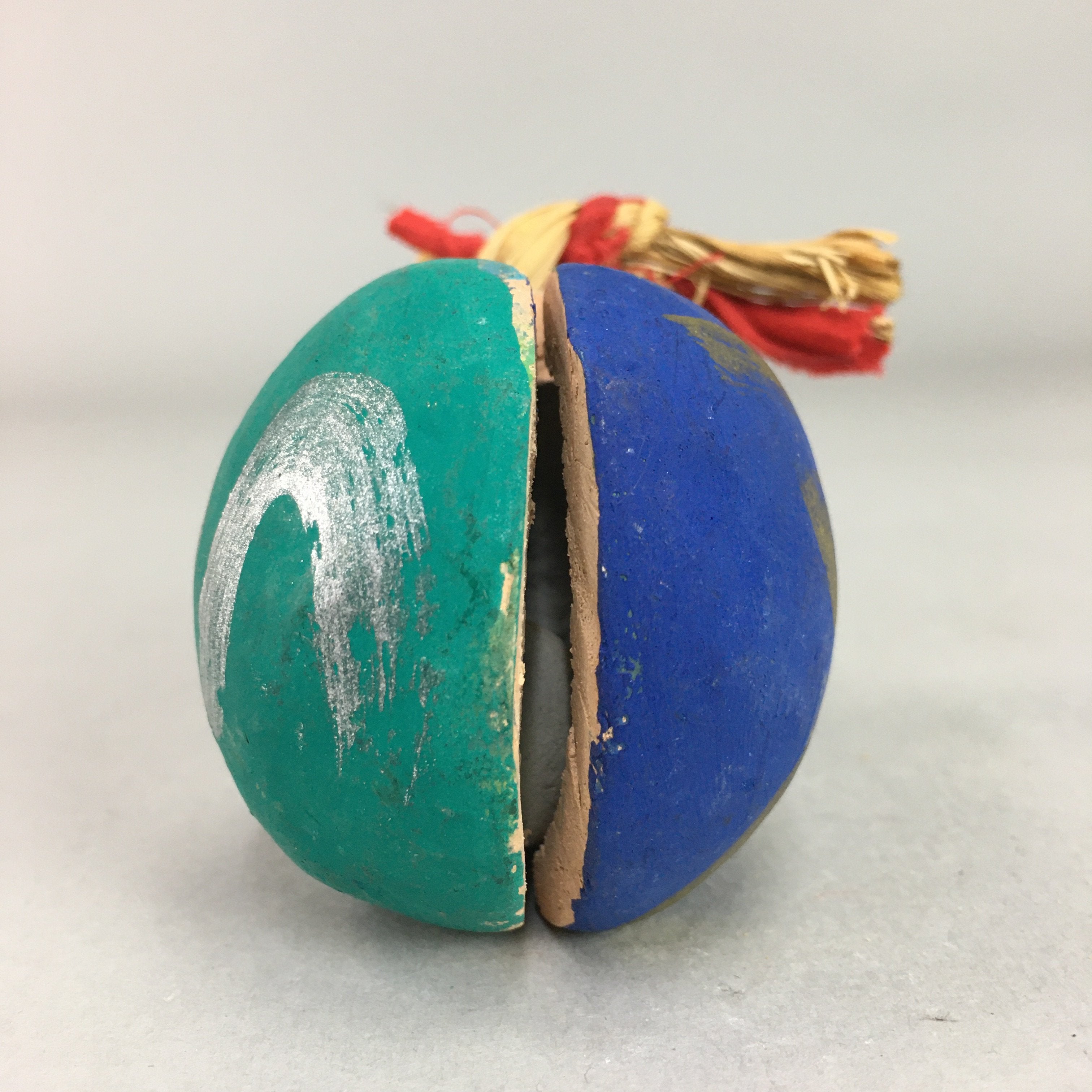Japanese Clay Bell Vtg Dorei Ceramic Doll Dragon Kanji Green Blue DR282