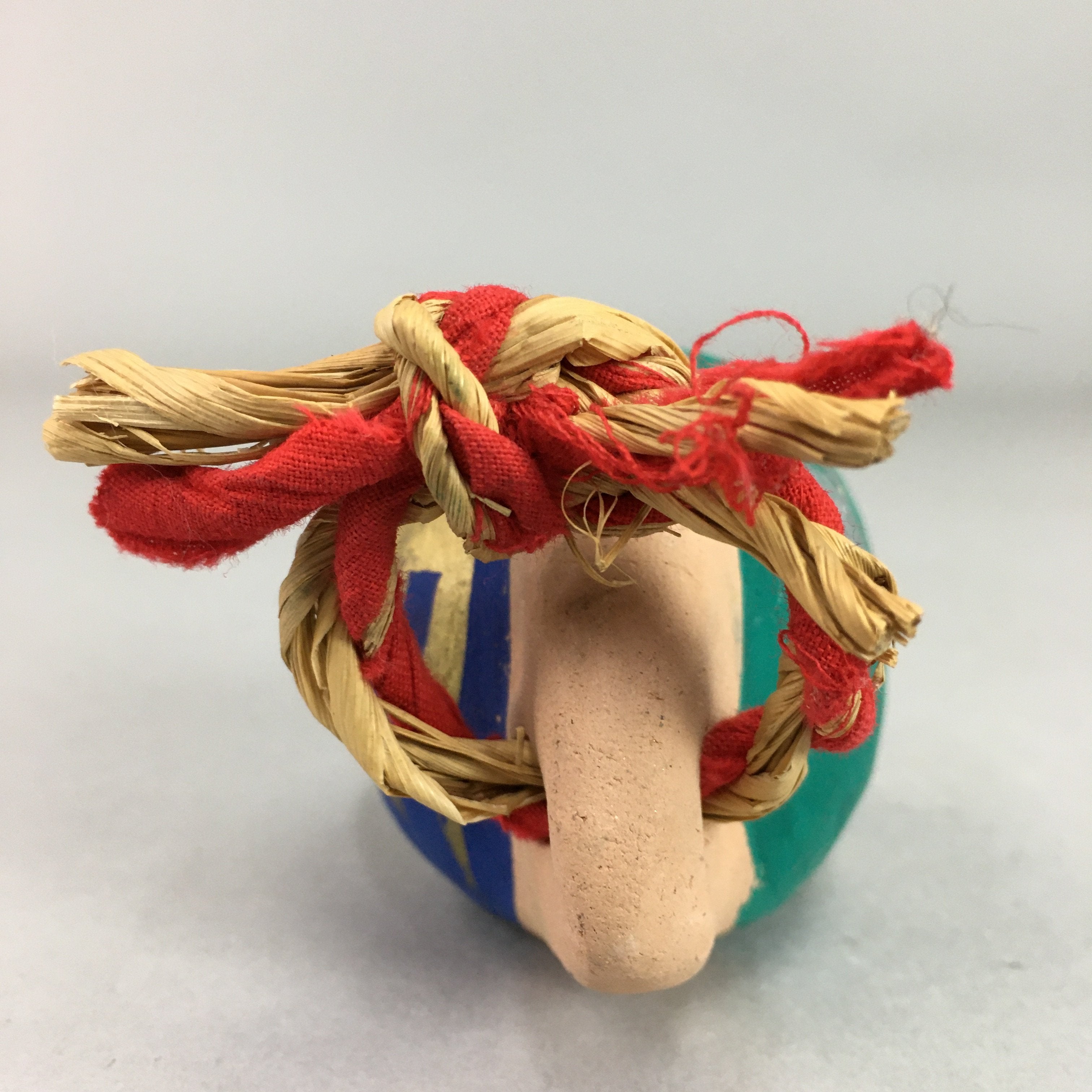 Japanese Clay Bell Vtg Dorei Ceramic Doll Dragon Kanji Green Blue DR282