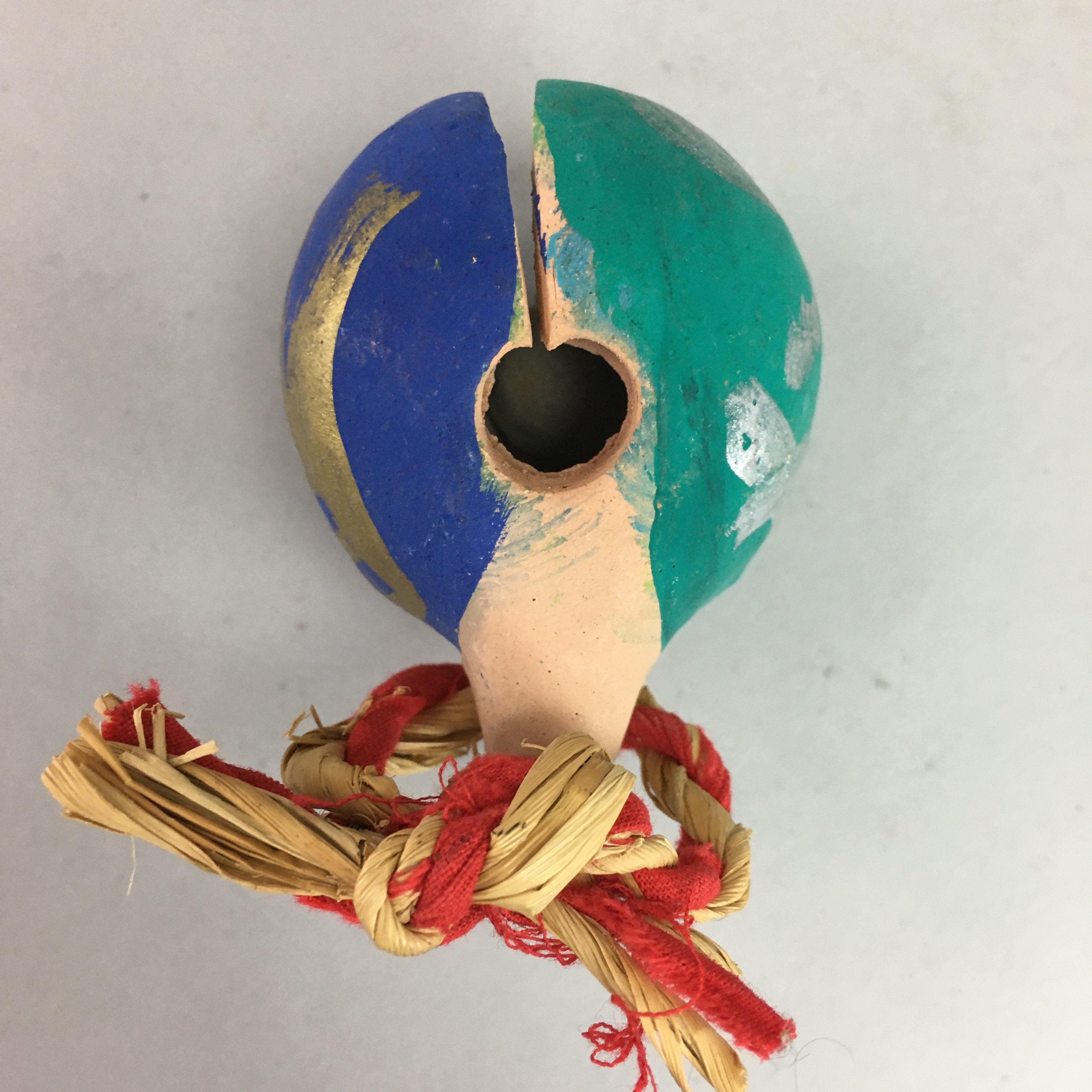 Japanese Clay Bell Vtg Dorei Ceramic Doll Dragon Kanji Green Blue DR282
