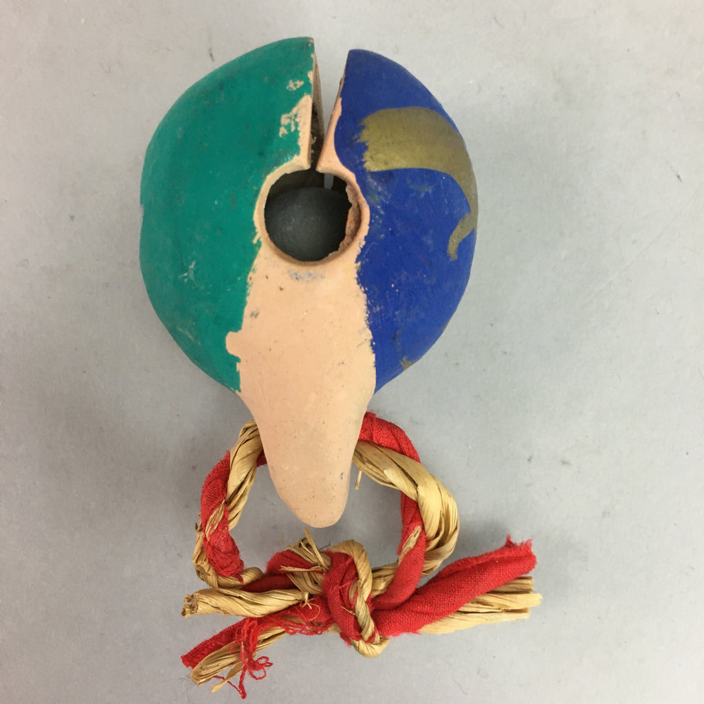 Japanese Clay Bell Vtg Dorei Ceramic Doll Dragon Kanji Green Blue DR282