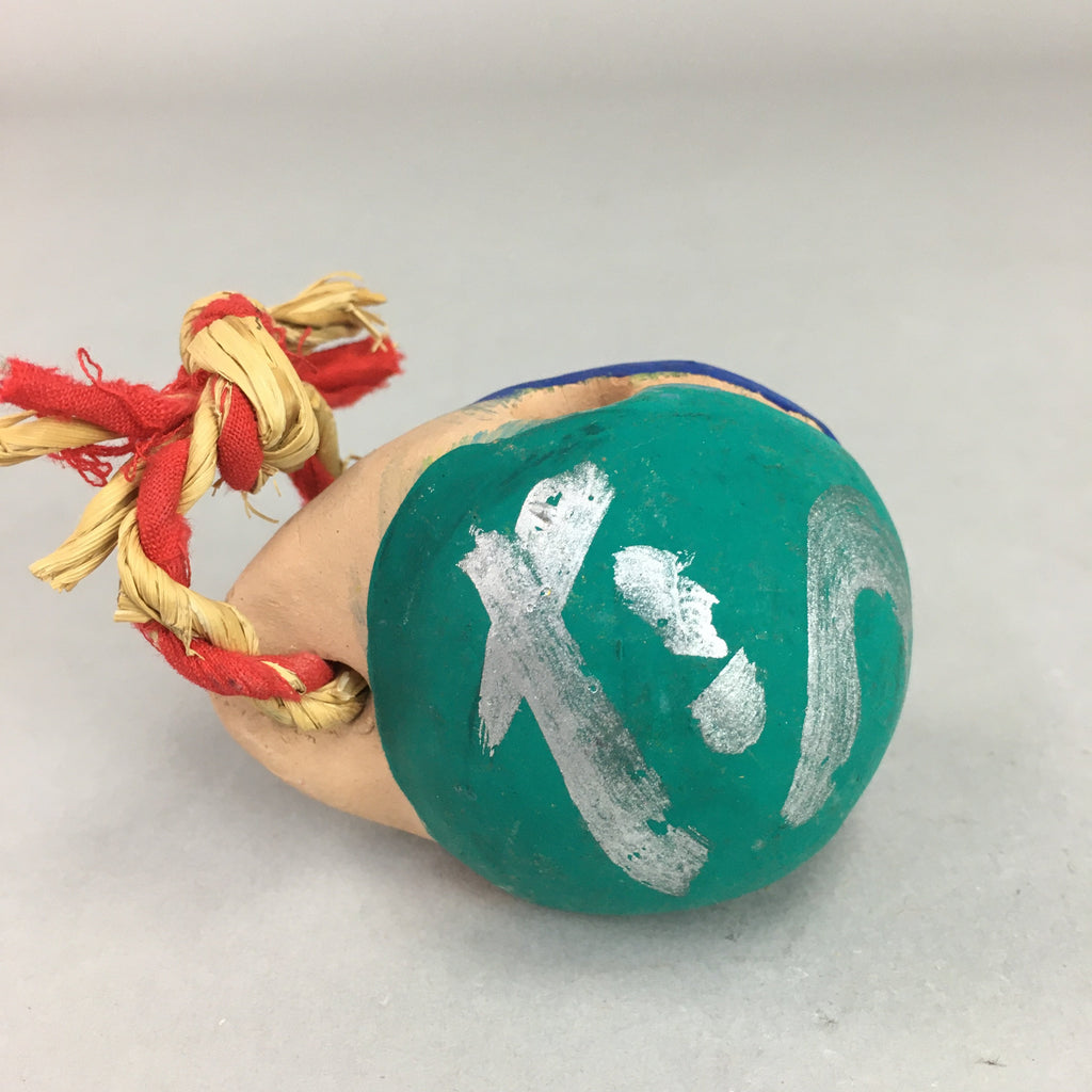 Japanese Clay Bell Vtg Dorei Ceramic Doll Dragon Kanji Green Blue DR282
