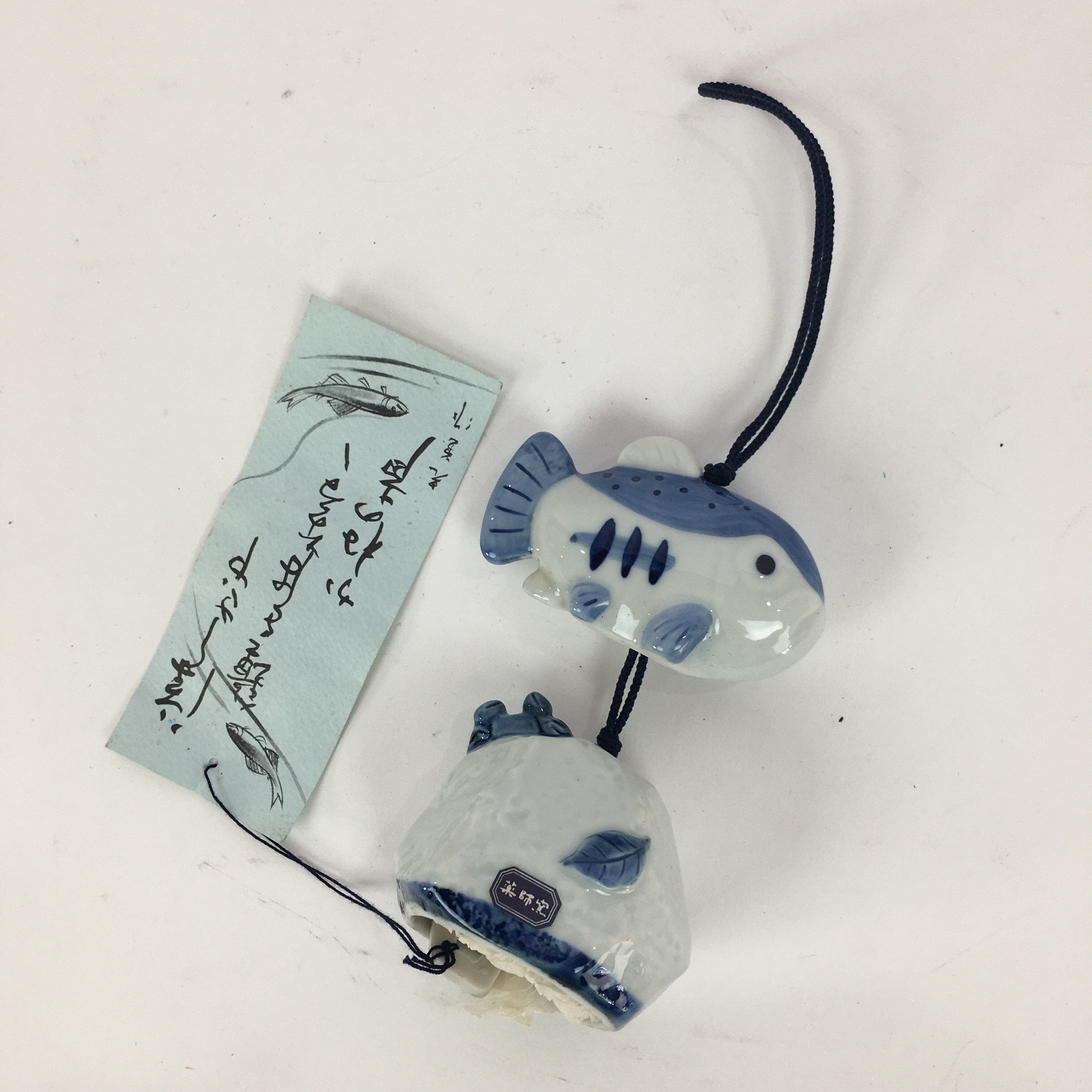 Japanese Clay Bell Vtg Dorei Ceramic Doll Fish Hanging Decoration White Blue DR3