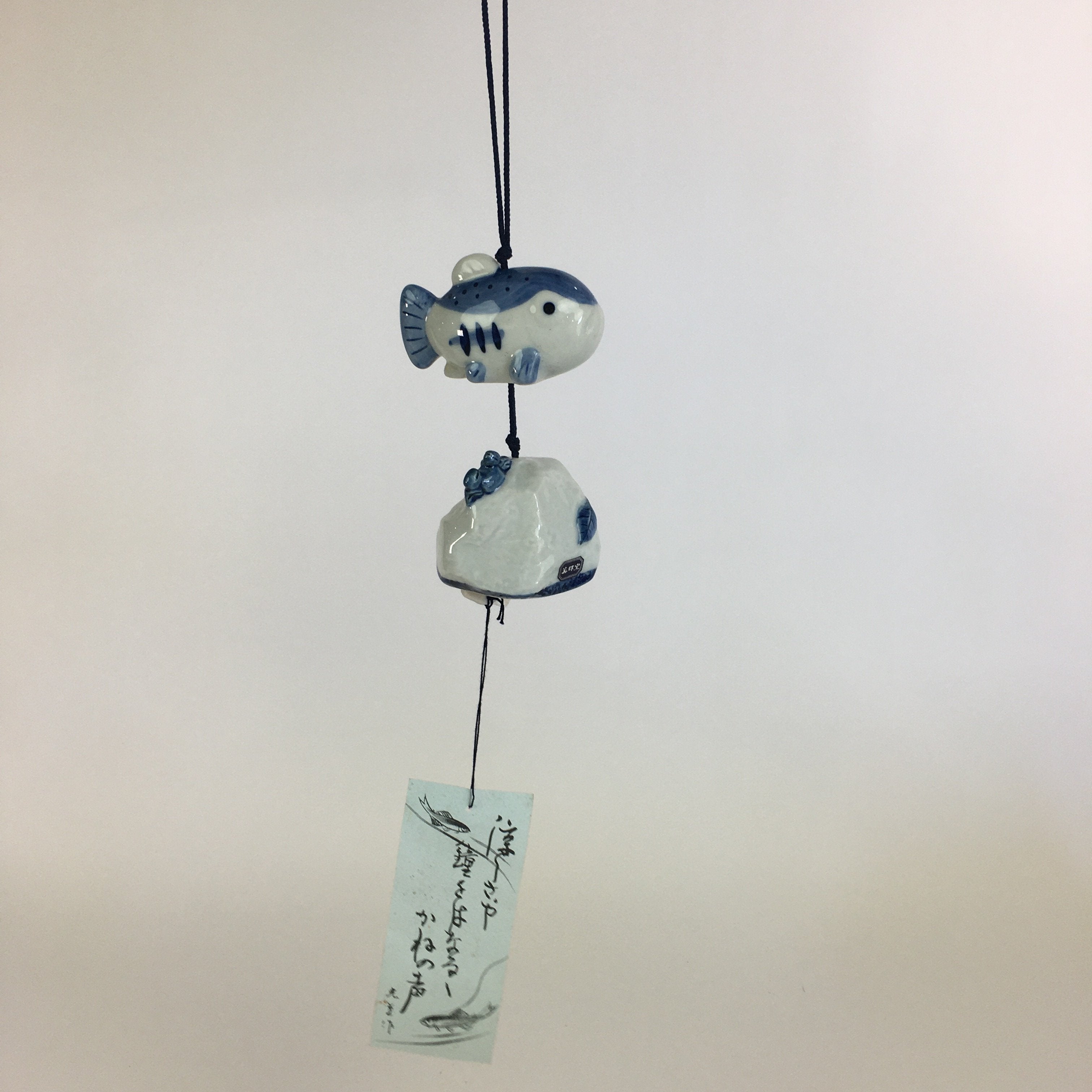 Japanese Clay Bell Vtg Dorei Ceramic Doll Fish Hanging Decoration White Blue DR3