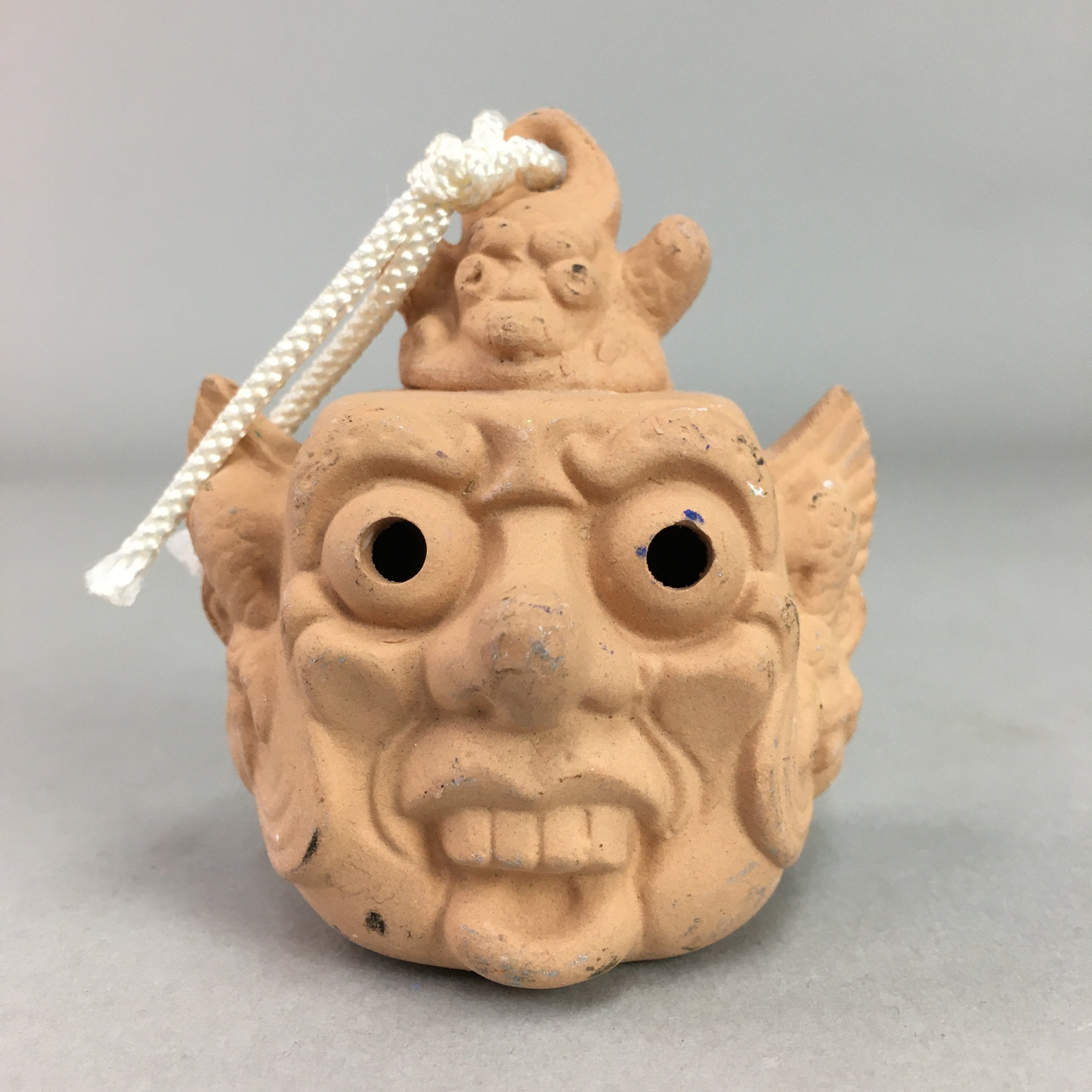 Japanese Clay Bell Vtg Dorei Ceramic Doll Oni Mask Shrine Amulet DR244