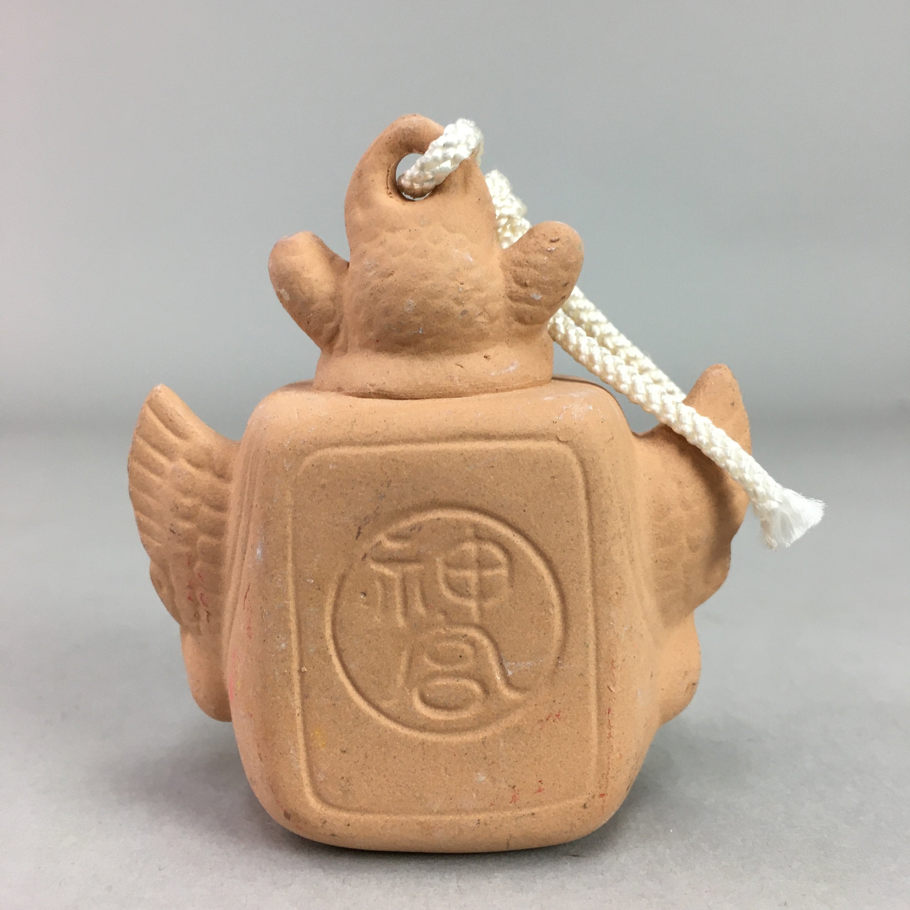 Japanese Clay Bell Vtg Dorei Ceramic Doll Oni Mask Shrine Amulet DR244