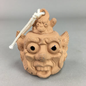 Japanese Clay Bell Vtg Dorei Ceramic Doll Oni Mask Shrine Amulet DR244