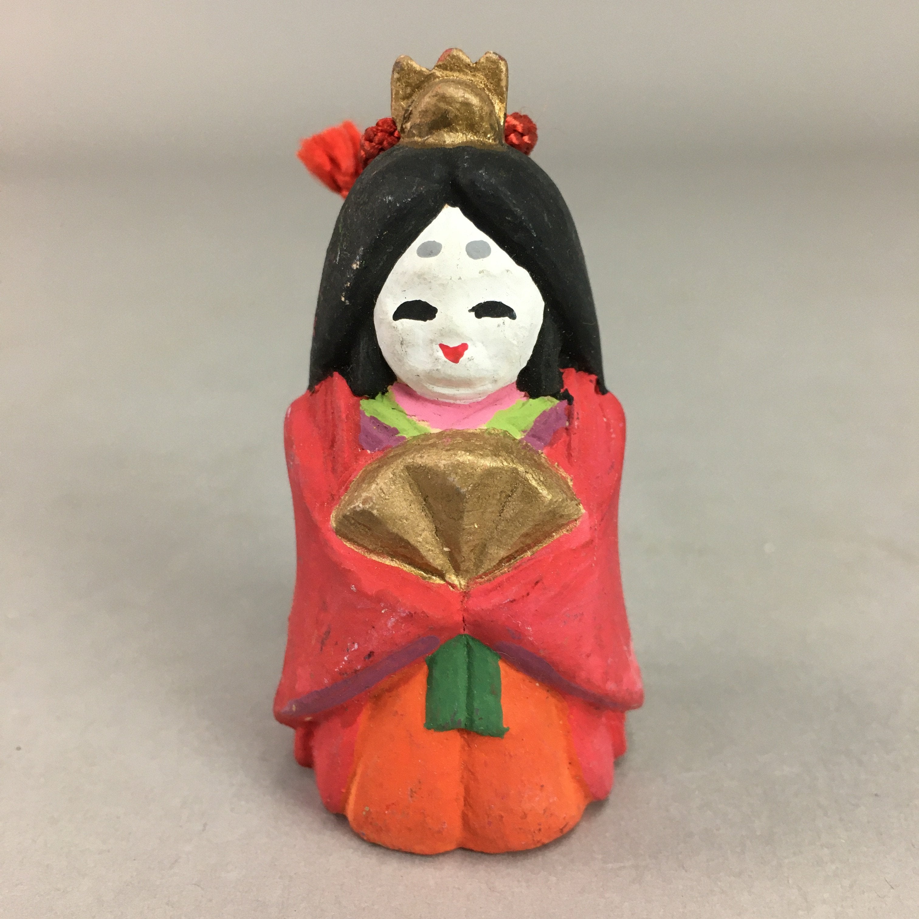 Japanese Clay Bell Vtg Dorei Ceramic Doll Red Hina Doll Kimono Empress DR238