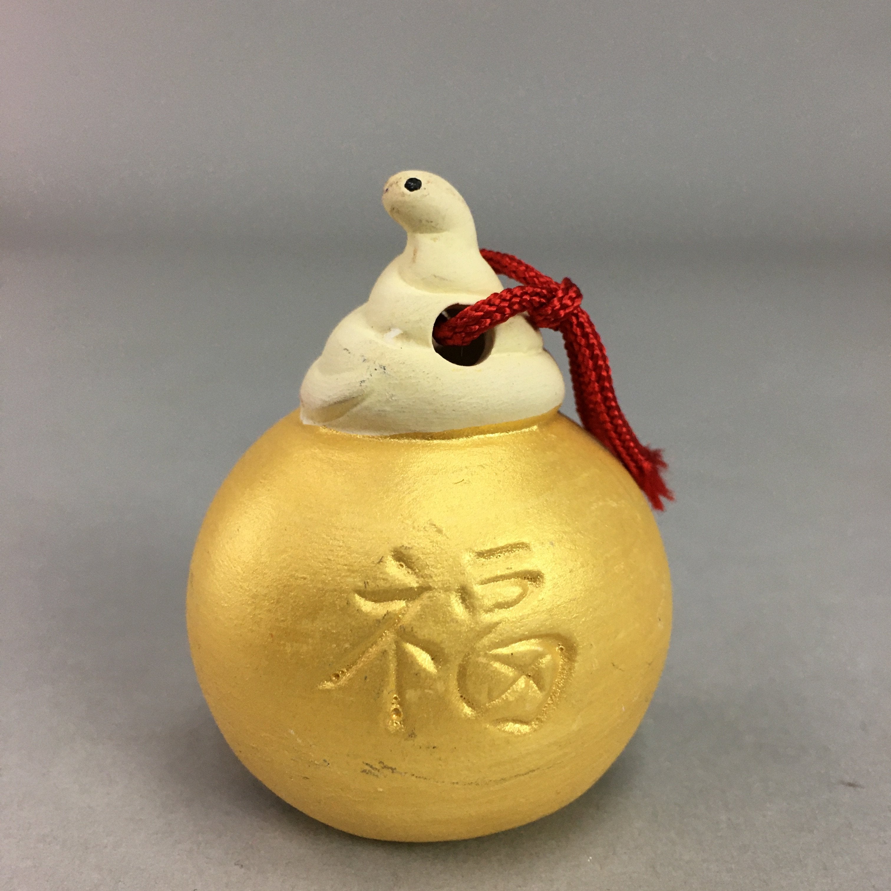 Japanese Clay Bell Vtg Dorei Ceramic Doll White Snake Lucky Charm Gold DR241