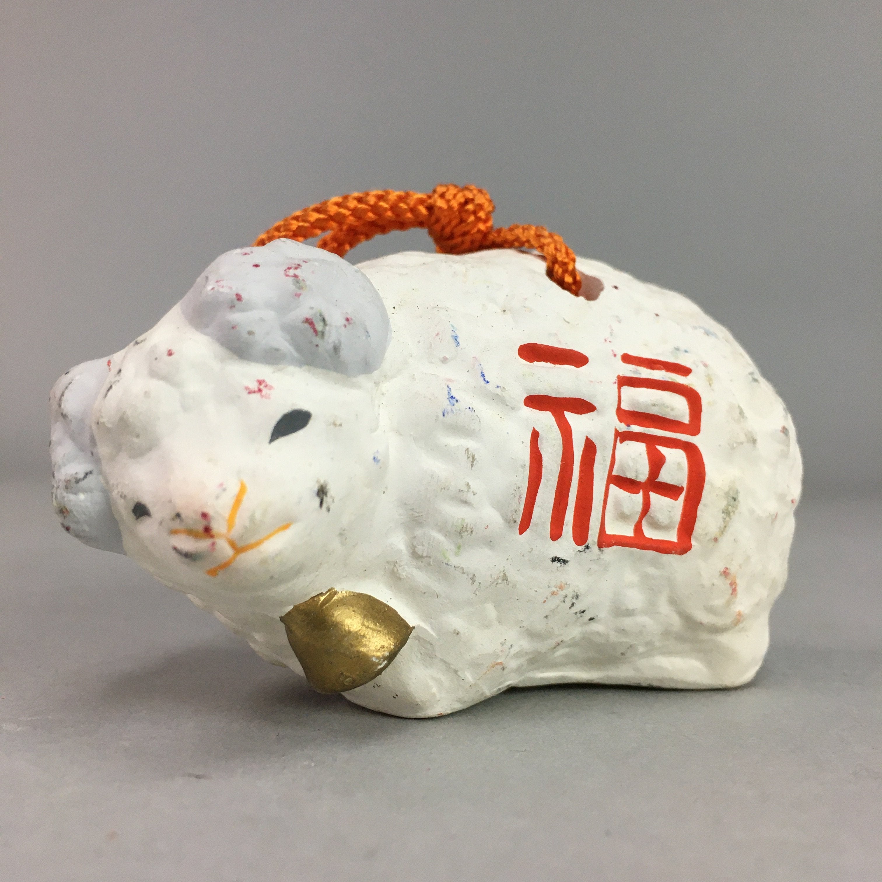 Japanese Clay Bell Vtg Dorei Ceramic Doll White Zodiac Sheep Kanji DR249