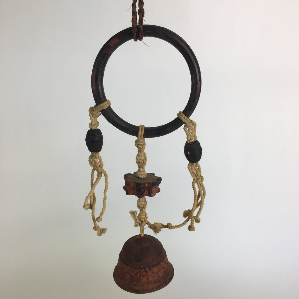 Japanese Clay Bell Vtg Dorei Ceramic Doll Wood Hanging Decoration Brown DR331