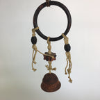 Japanese Clay Bell Vtg Dorei Ceramic Doll Wood Hanging Decoration Brown DR331