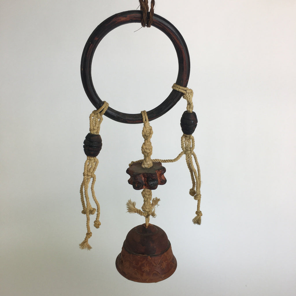 Japanese Clay Bell Vtg Dorei Ceramic Doll Wood Hanging Decoration Brown DR331