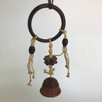 Japanese Clay Bell Vtg Dorei Ceramic Doll Wood Hanging Decoration Brown DR331