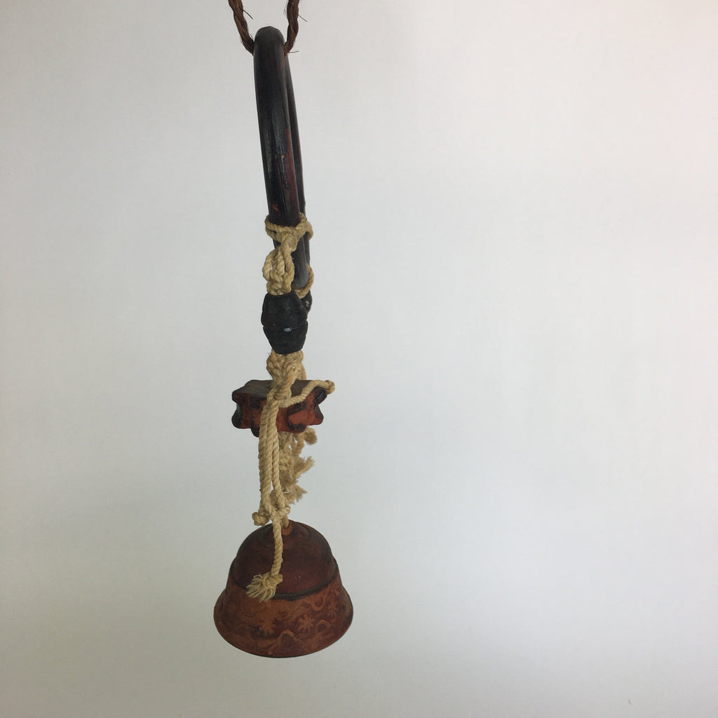 Japanese Clay Bell Vtg Dorei Ceramic Doll Wood Hanging Decoration Brown DR331
