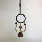 Japanese Clay Bell Vtg Dorei Ceramic Doll Wood Hanging Decoration Brown DR331