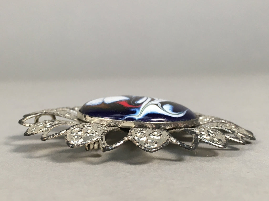 Japanese Cloisonne Brooch Vtg Metal Glass Pin Badge Flower JK95