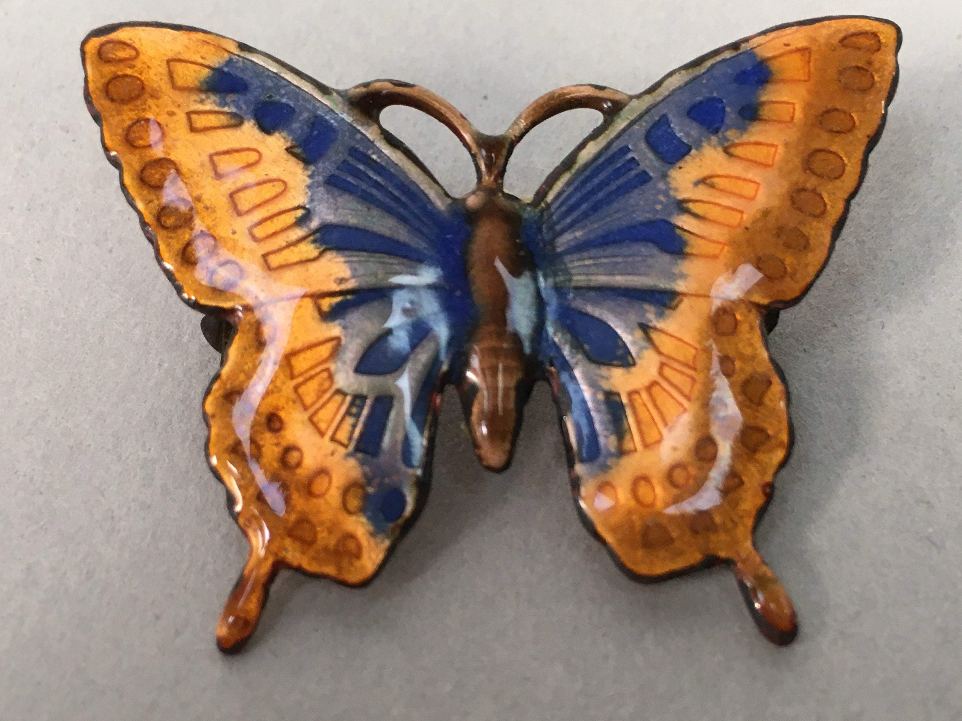 Japanese Cloisonne Brooch Vtg Metal Glass Pin Butterfly Gold Blue JK80