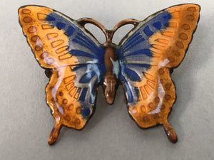 Japanese Cloisonne Brooch Vtg Metal Glass Pin Butterfly Gold Blue JK80