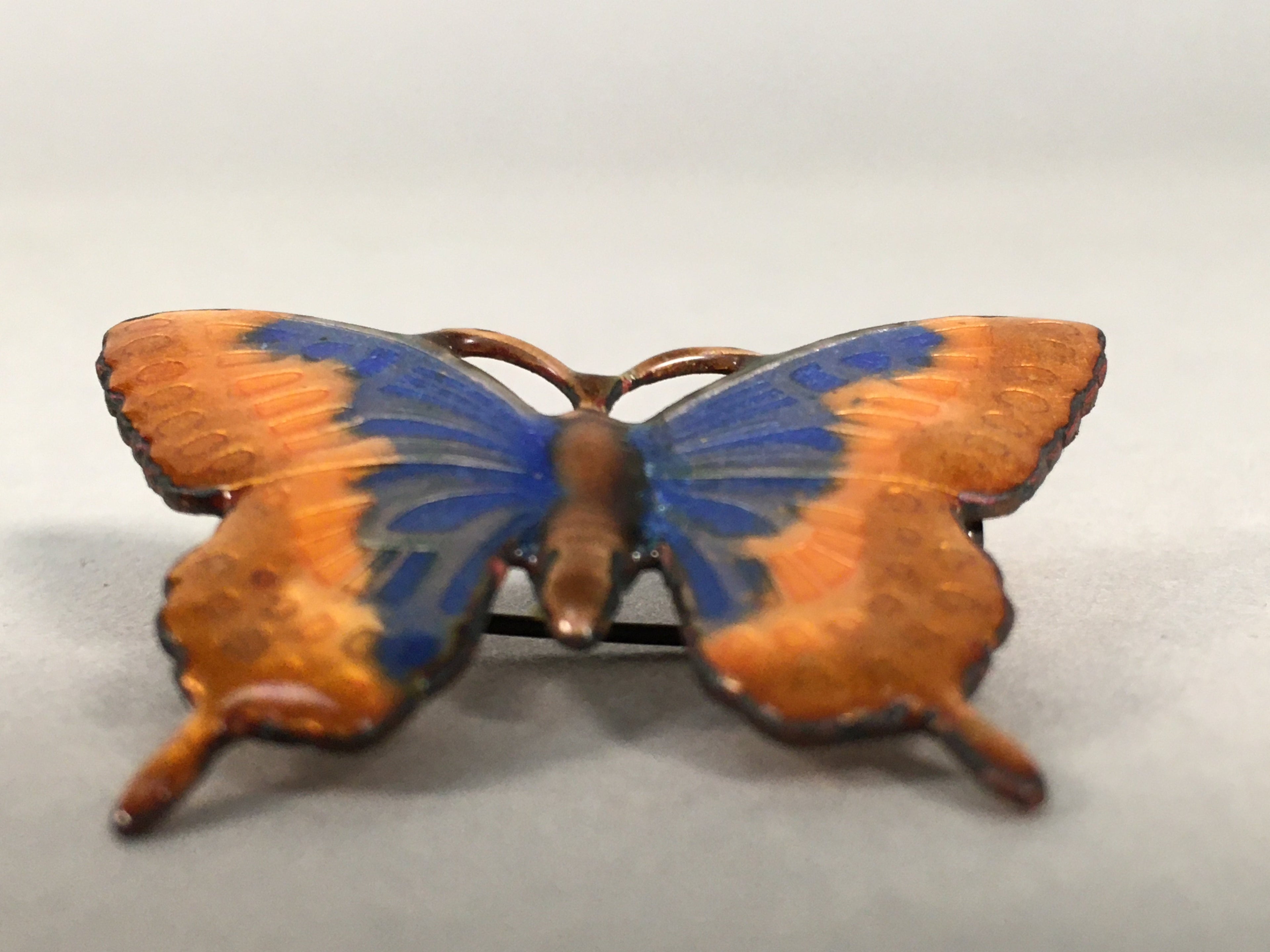 Japanese Cloisonne Brooch Vtg Metal Glass Pin Butterfly Gold Blue JK80
