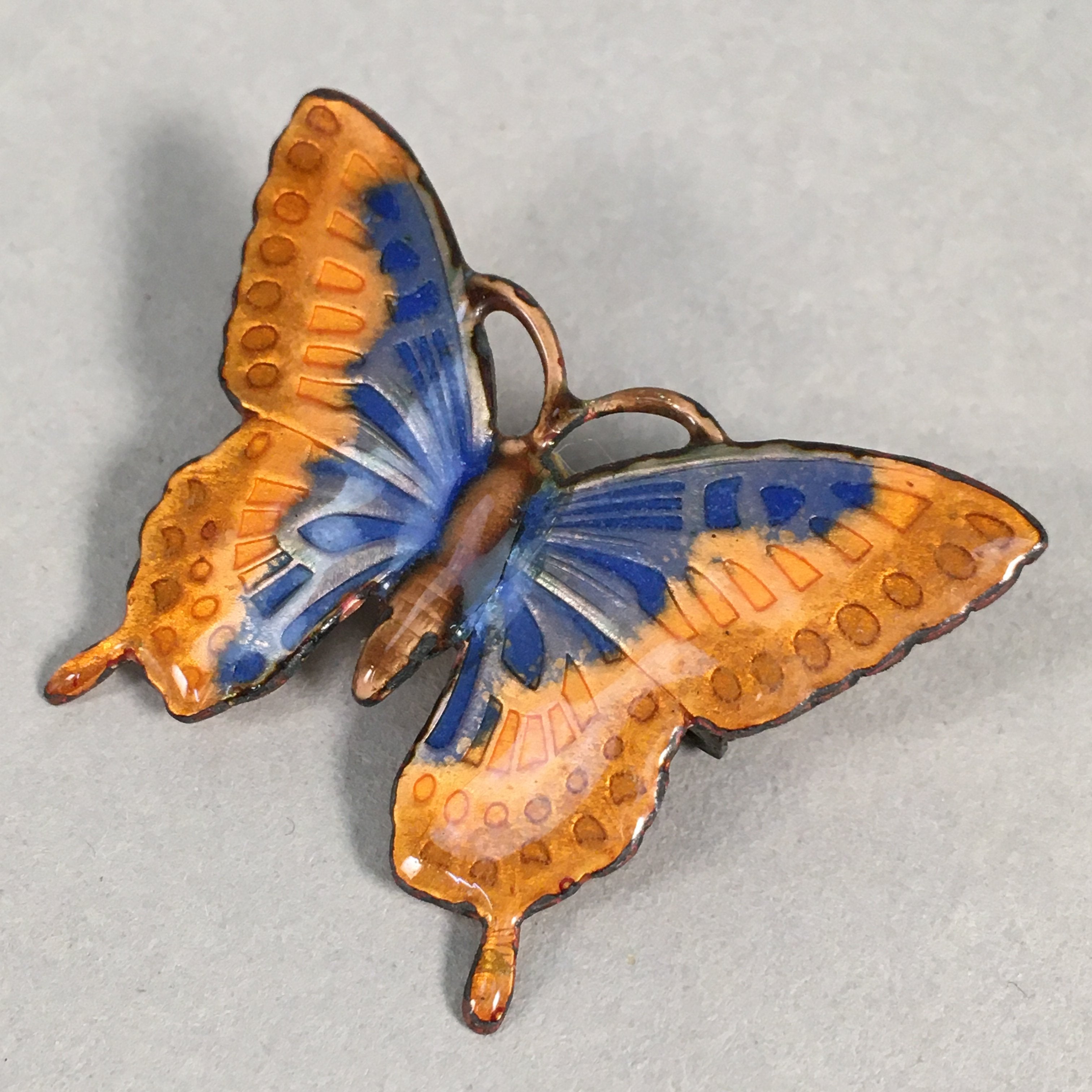 Japanese Cloisonne Brooch Vtg Metal Glass Pin Butterfly Gold Blue JK80